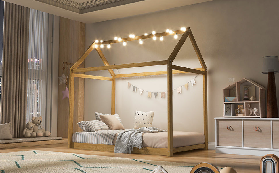 Twin Size Wooden House Bed, Wood Color
