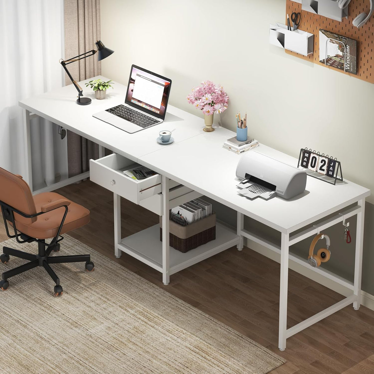 79-Inch Two Person Computer Desk with Drawers and Storage Shelves