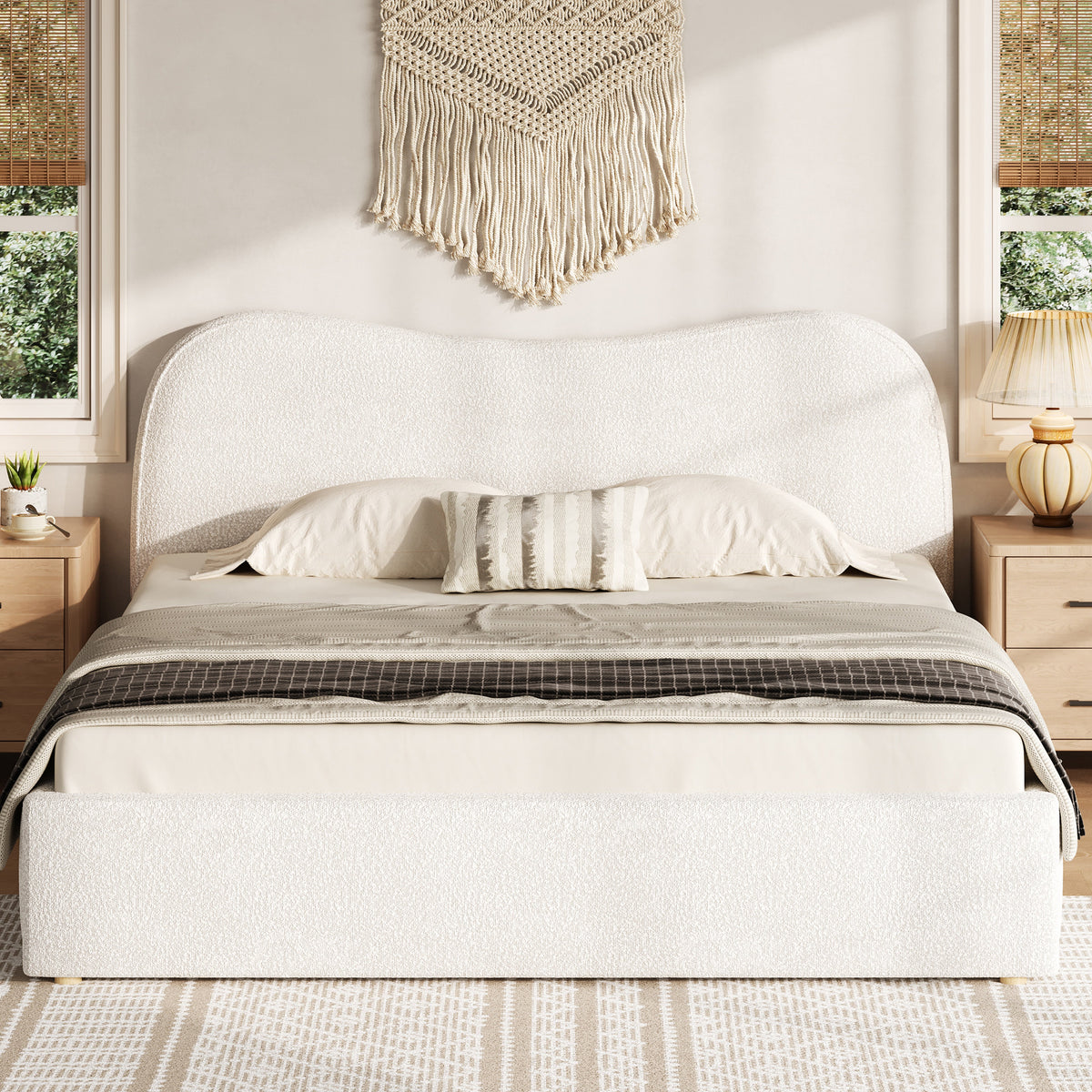 Queen Size Upholstered Platform Bed with Wooden Slats