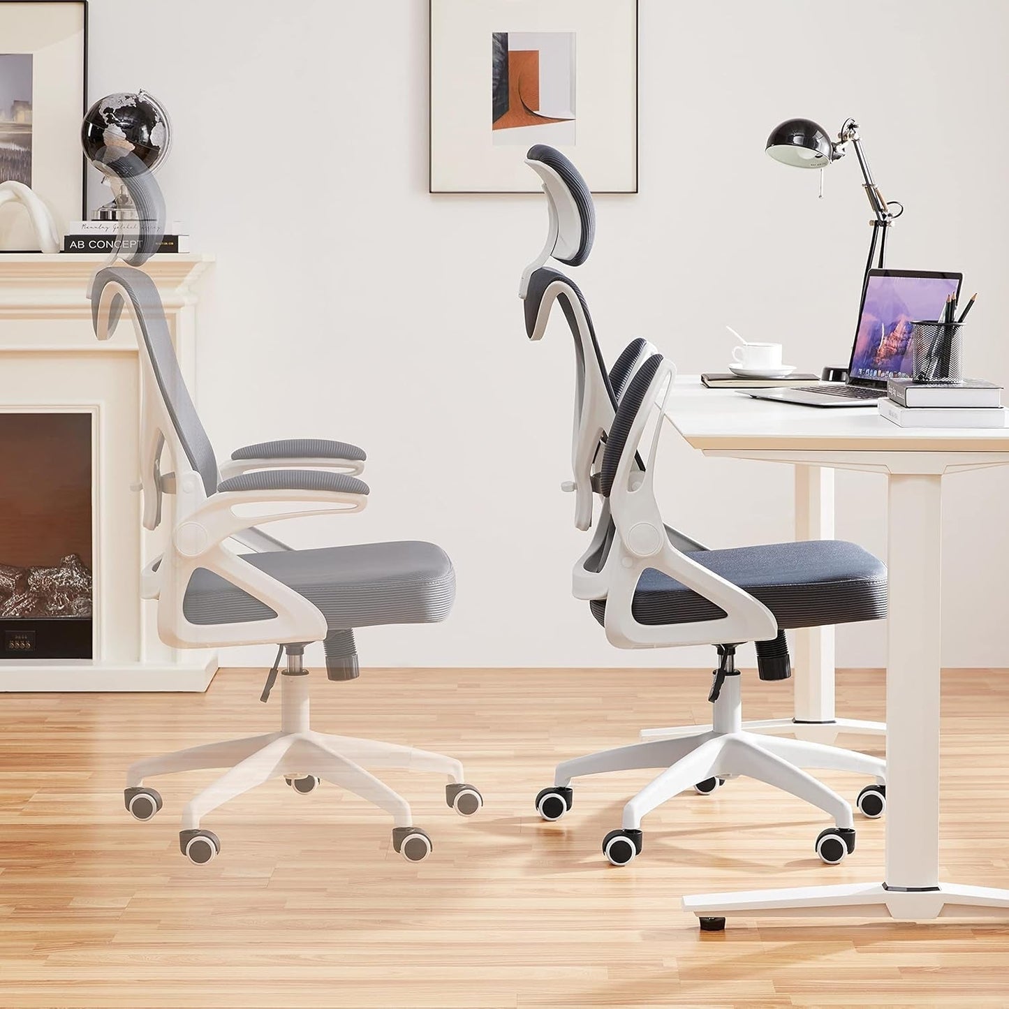 Ergonomic Mesh Office Chair White Gray With Flip Up Armrests