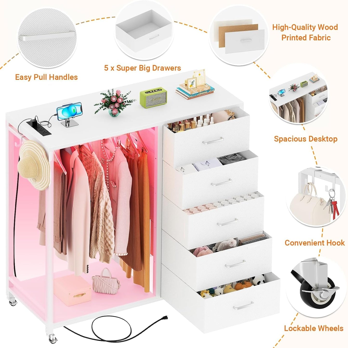 White Dresser With Rack And Charging Station Five Drawers