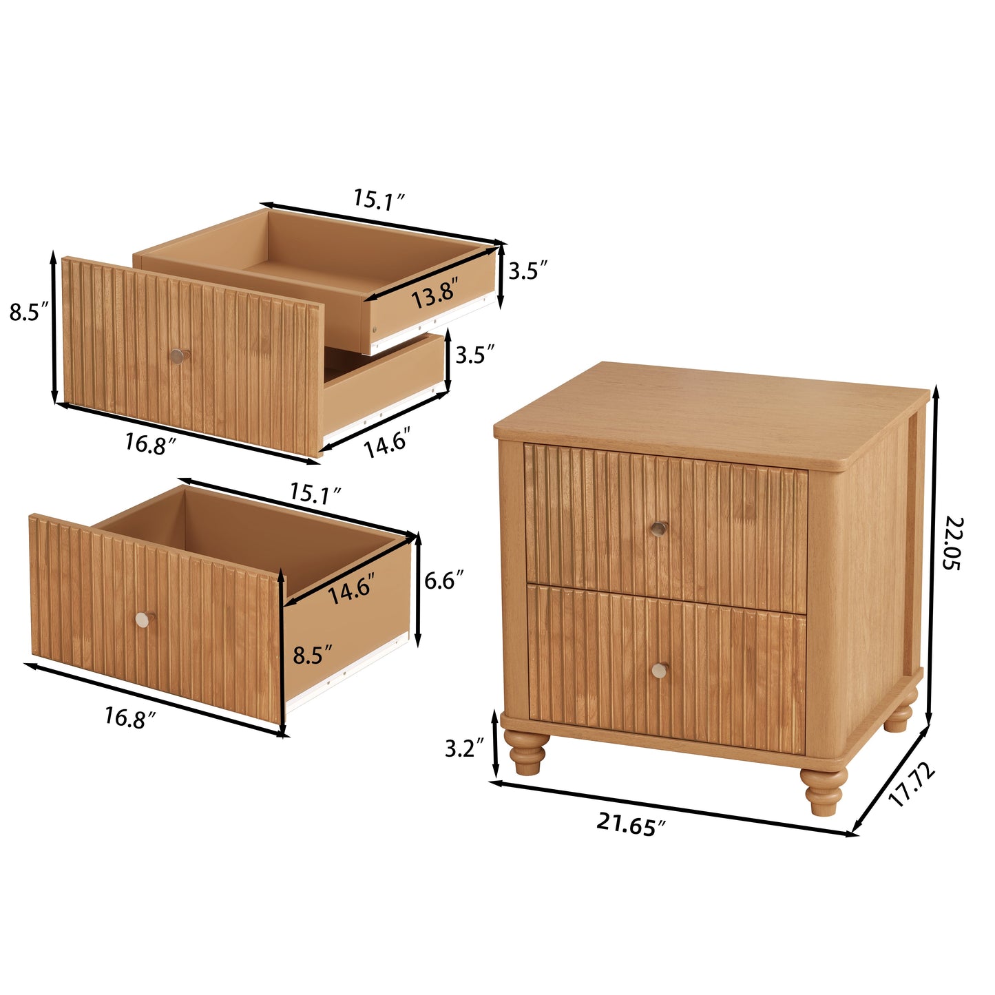 Fluted Nightstand with 3 Drawers