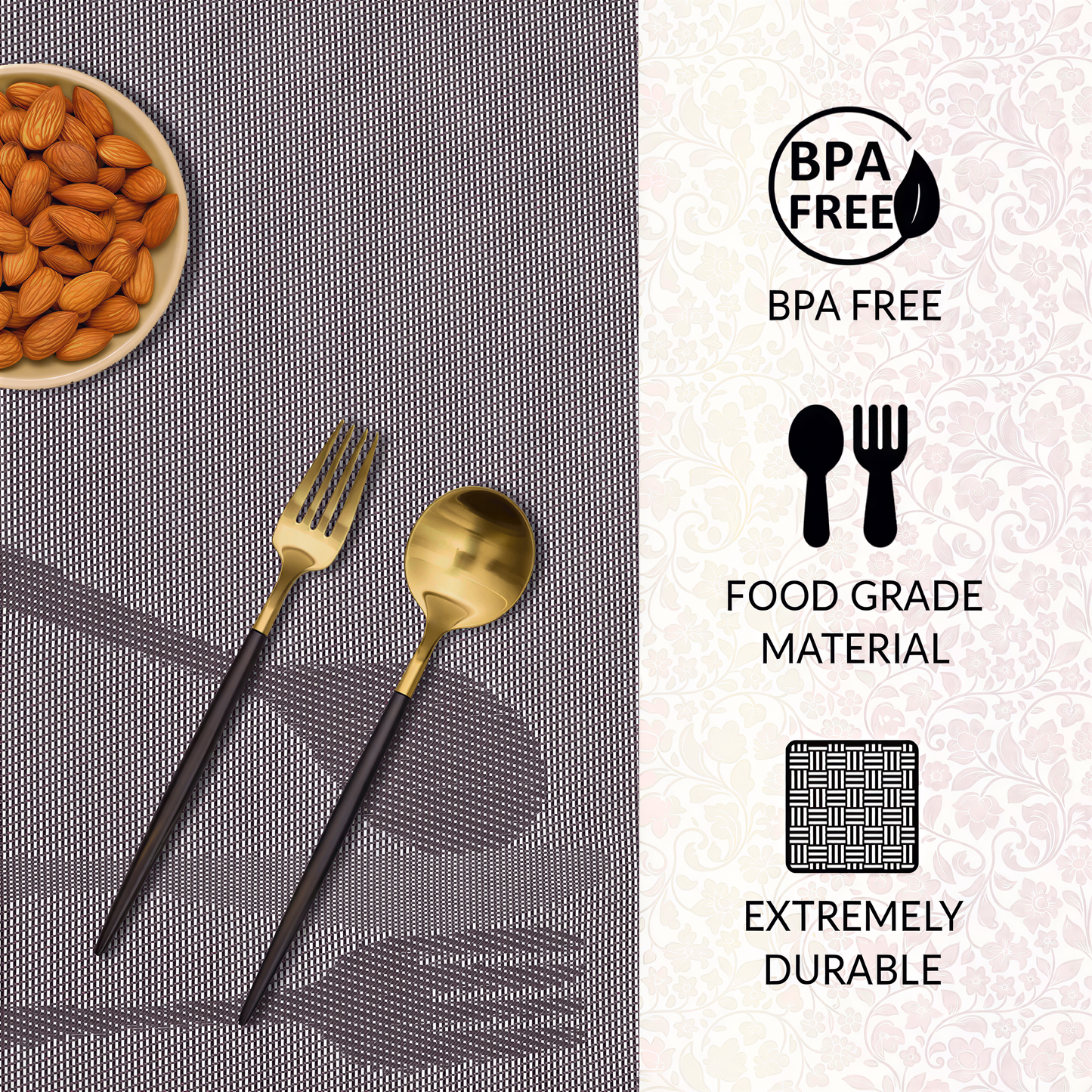 Vinyl Placemats - Devonshire Light Brown Table Protectors | Washable, Non Slip Mats