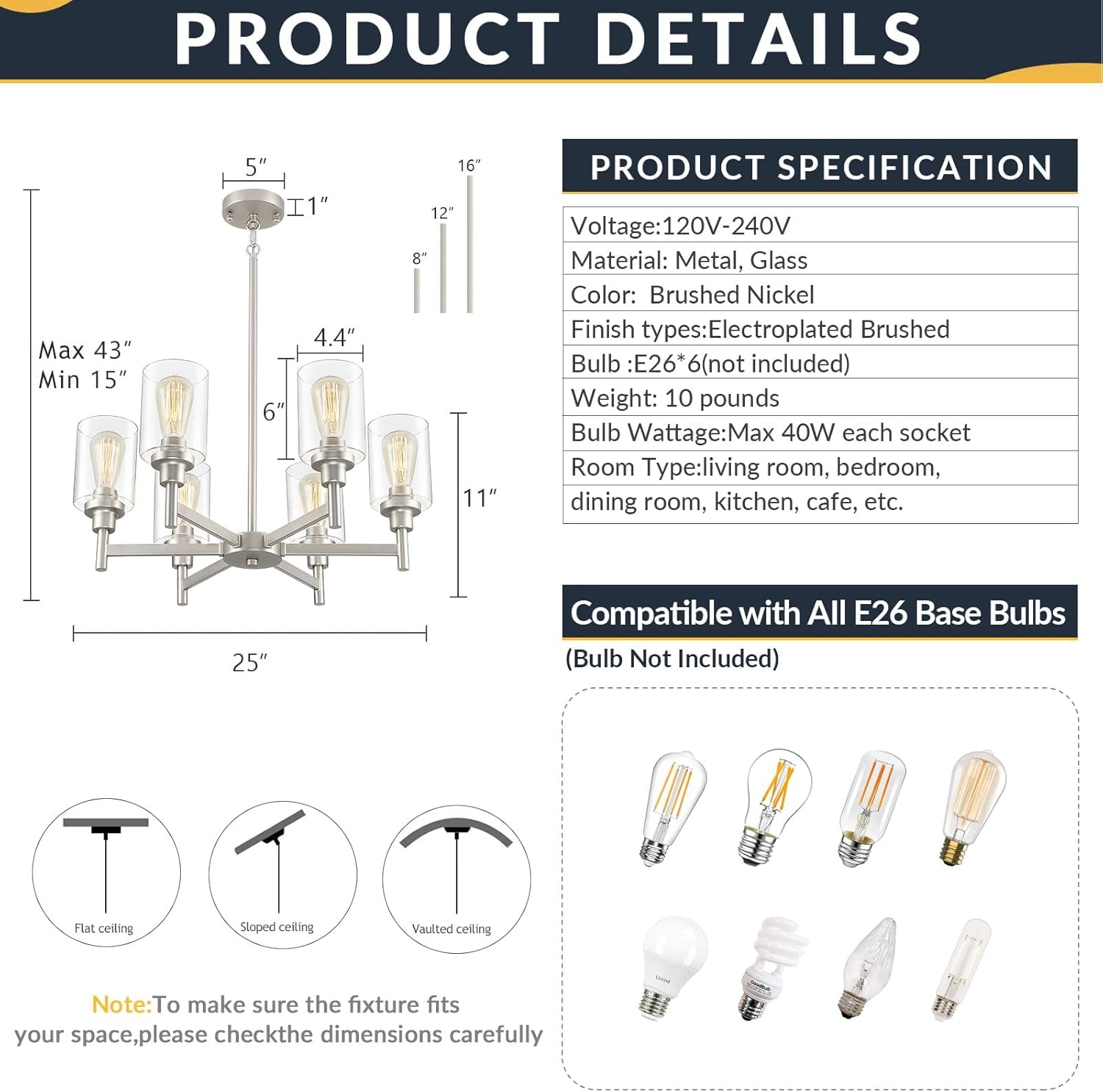 Brushed Nickel Six Light Chandelier With Clear Glass Shades specifications including dimensions and bulb compatibility.