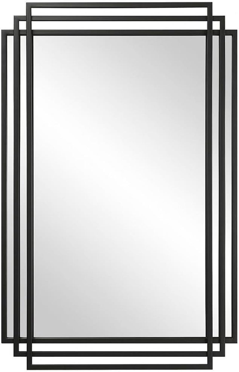 Amherst Matte Black Iron Mirror showcasing a sleek design with overlapping matte black iron frames, 36.5 inches tall by 23.75 inches wide.
