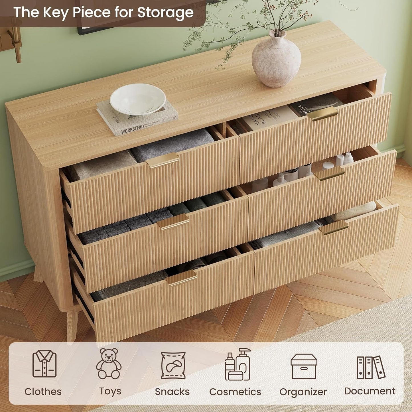 Fluted 49Inch Serpentine Dresser Oak Finish Contemporary