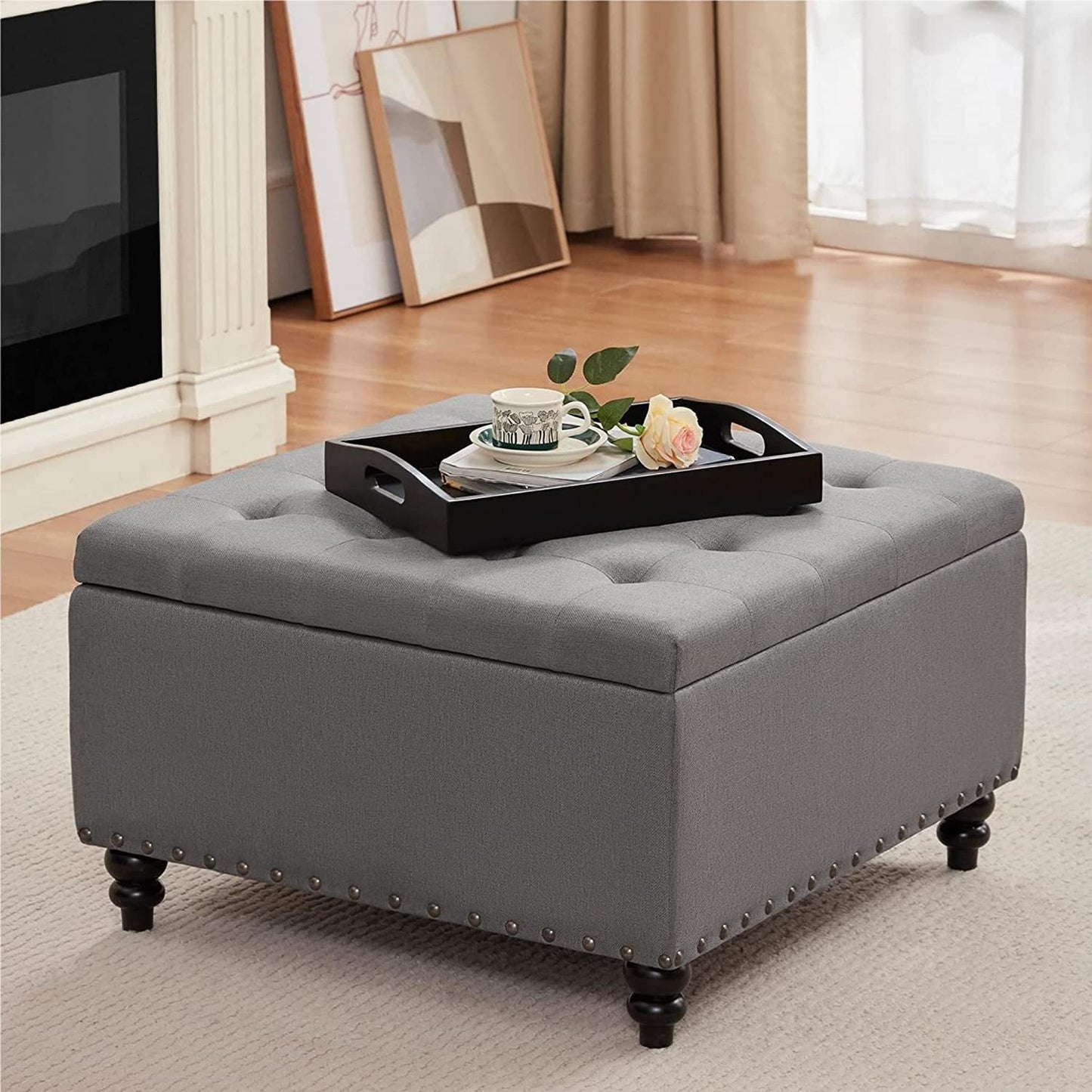Grey Tufted Storage Ottoman With Tray Square Coffee Table