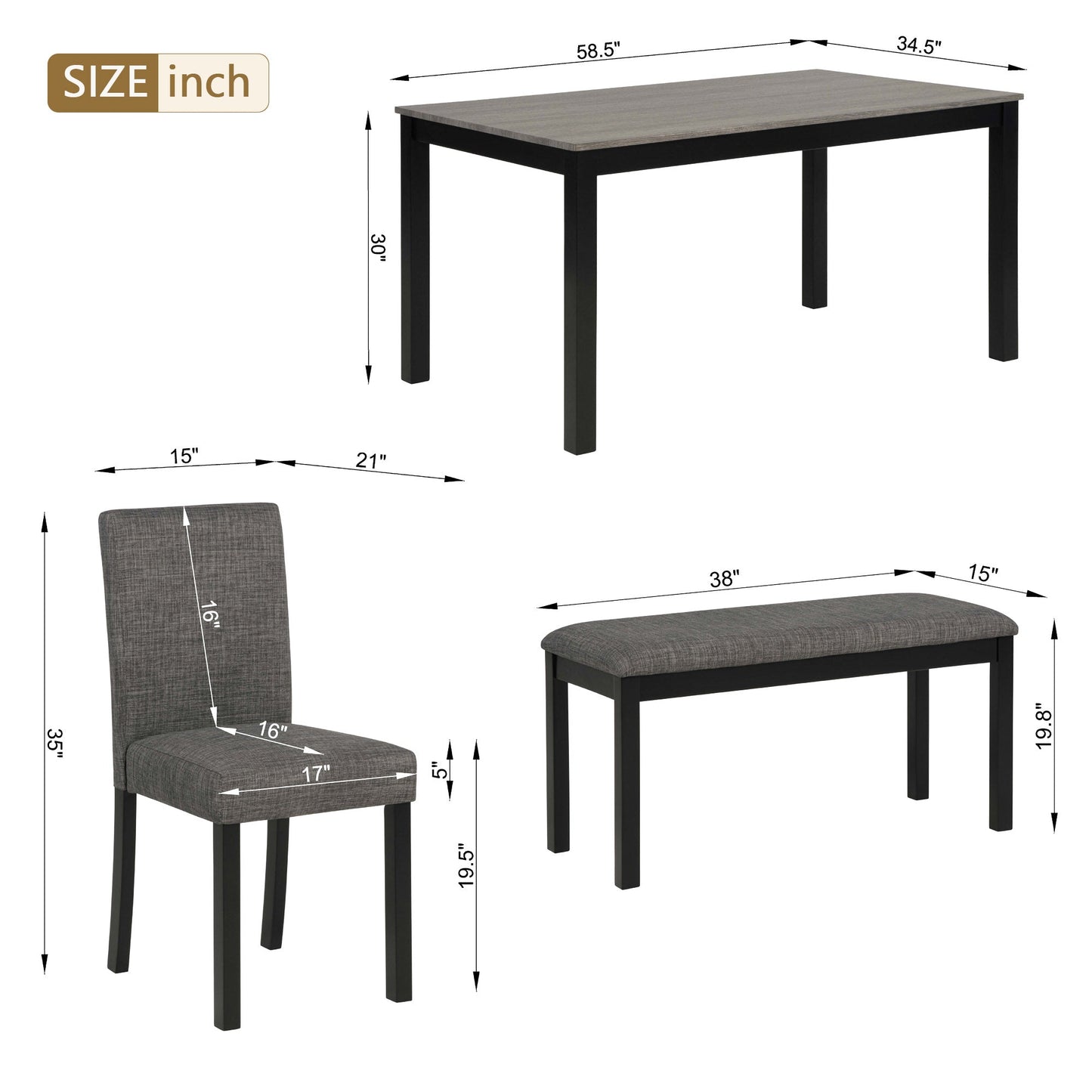 6-Piece Dining Table Set with Bench and Chairs