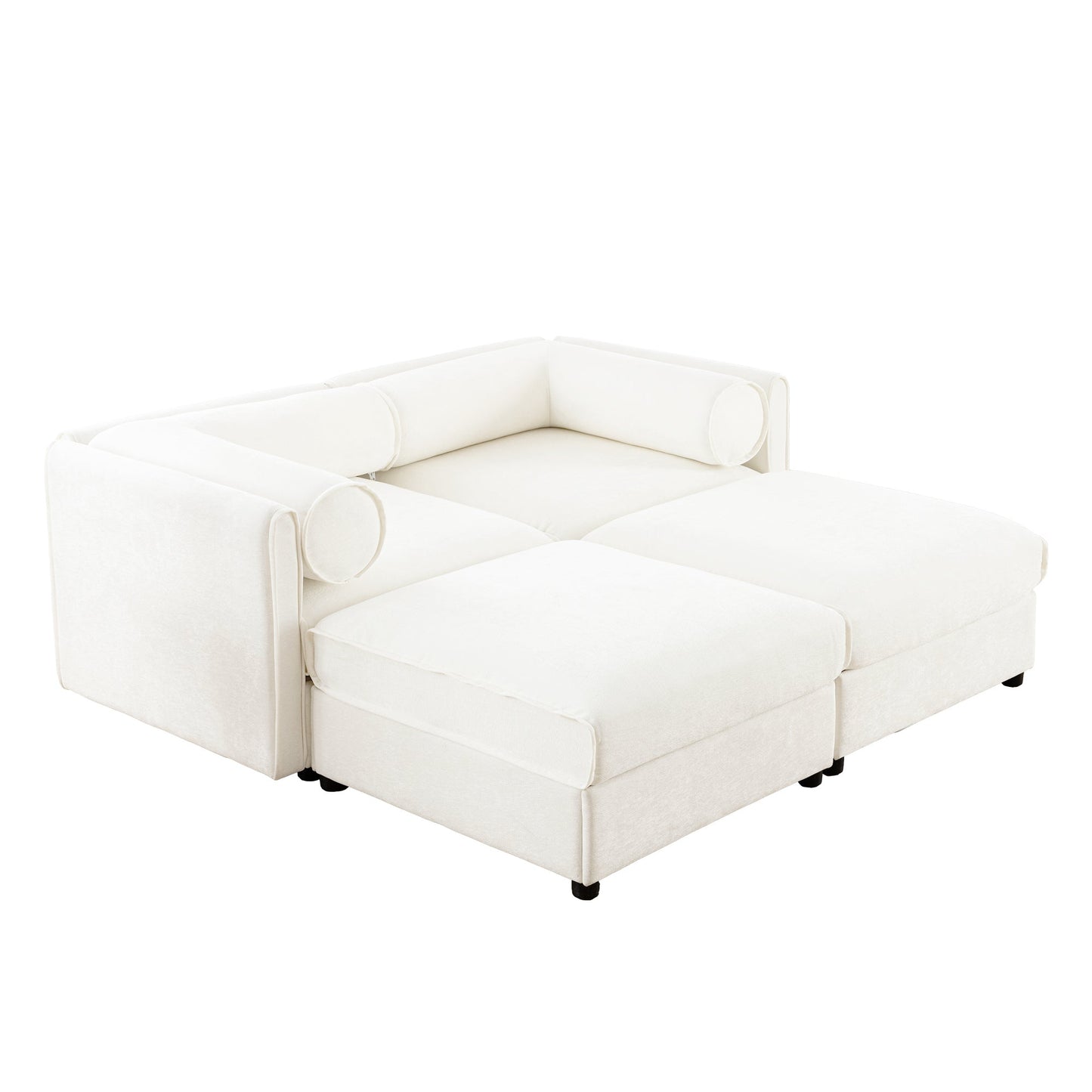 Stylish White Chenille 2-Seater Sofa with 2 Ottoman Storage Seat, Cylindrical Backrest and Armrests, Modern Fabric Loveseat Featuring Hidden Storage Space