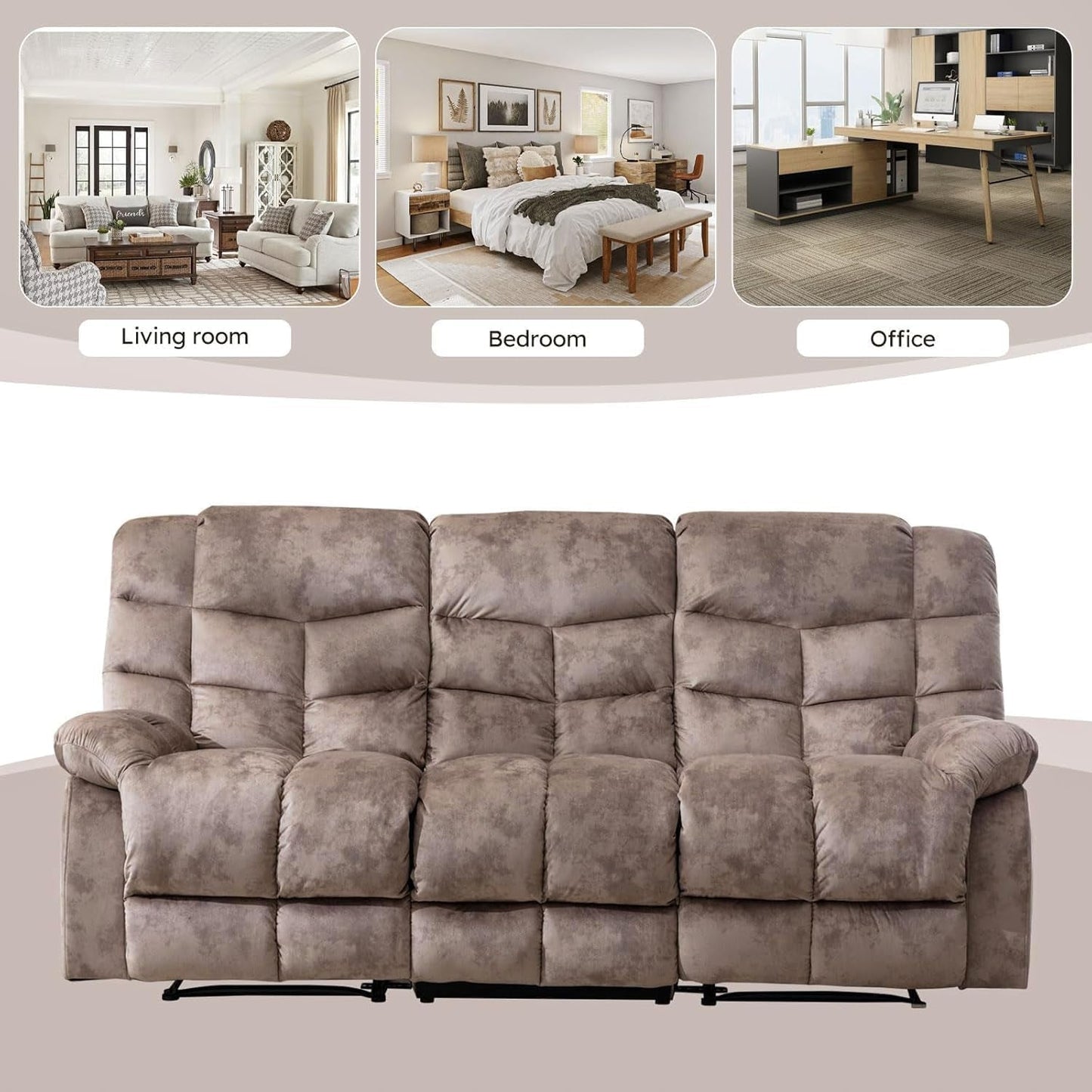 Manual Recliner Sofa Set Memory Foam Cushions Brown