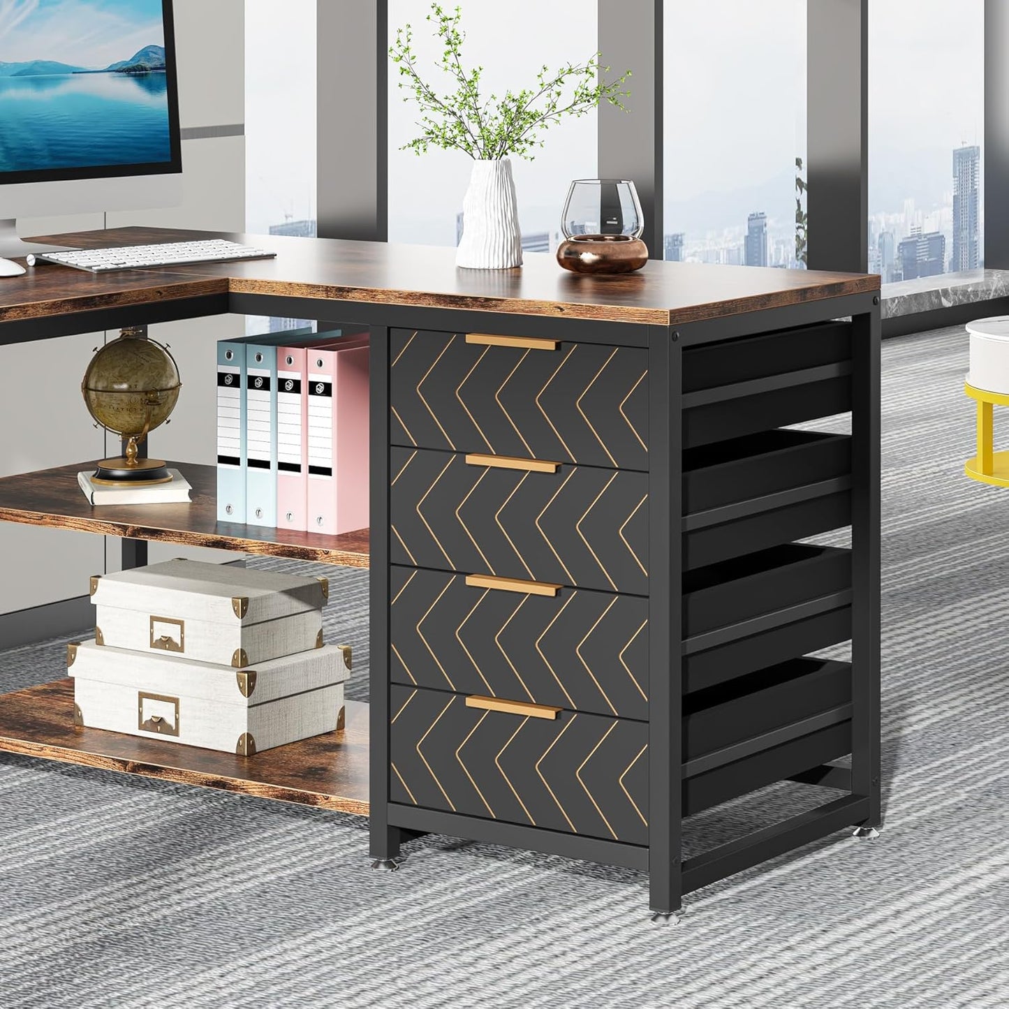 59” L-Shaped Computer Desk with Drawers and Storage Shelves