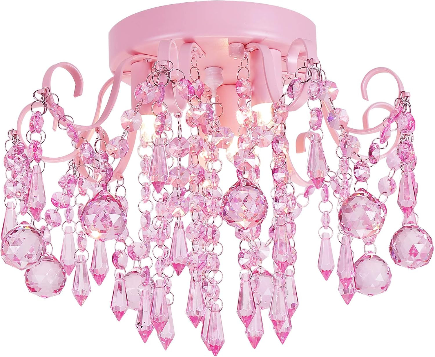 Pink Crystal Mini Chandelier 3 Light Semi Flush Mount with sparkling pink crystals and a stunning design.