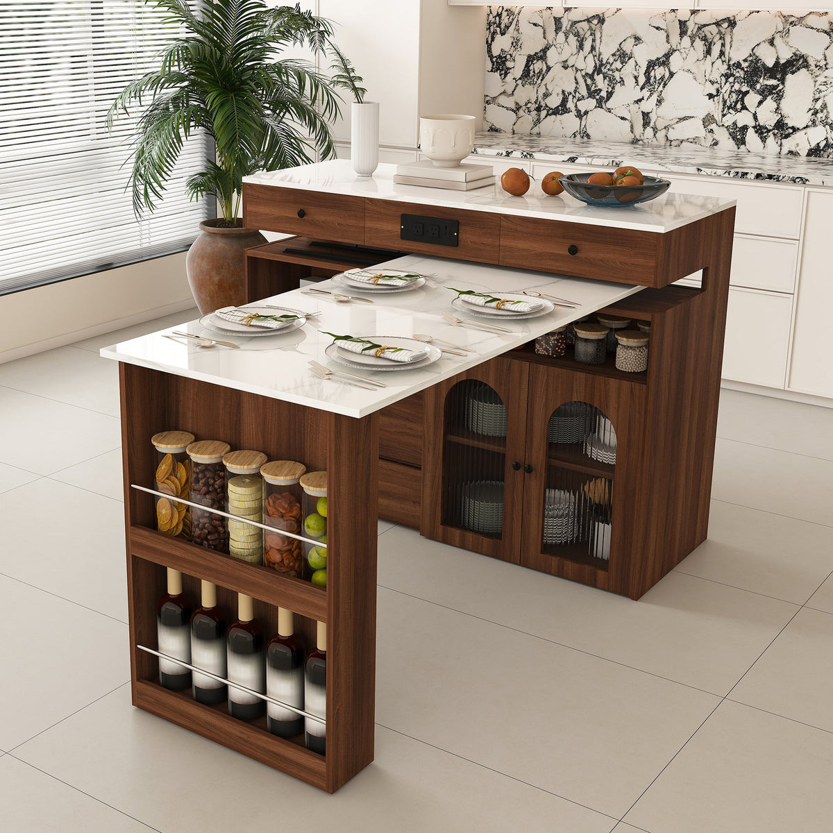 Kitchen Island with Extendable & Rotating Table