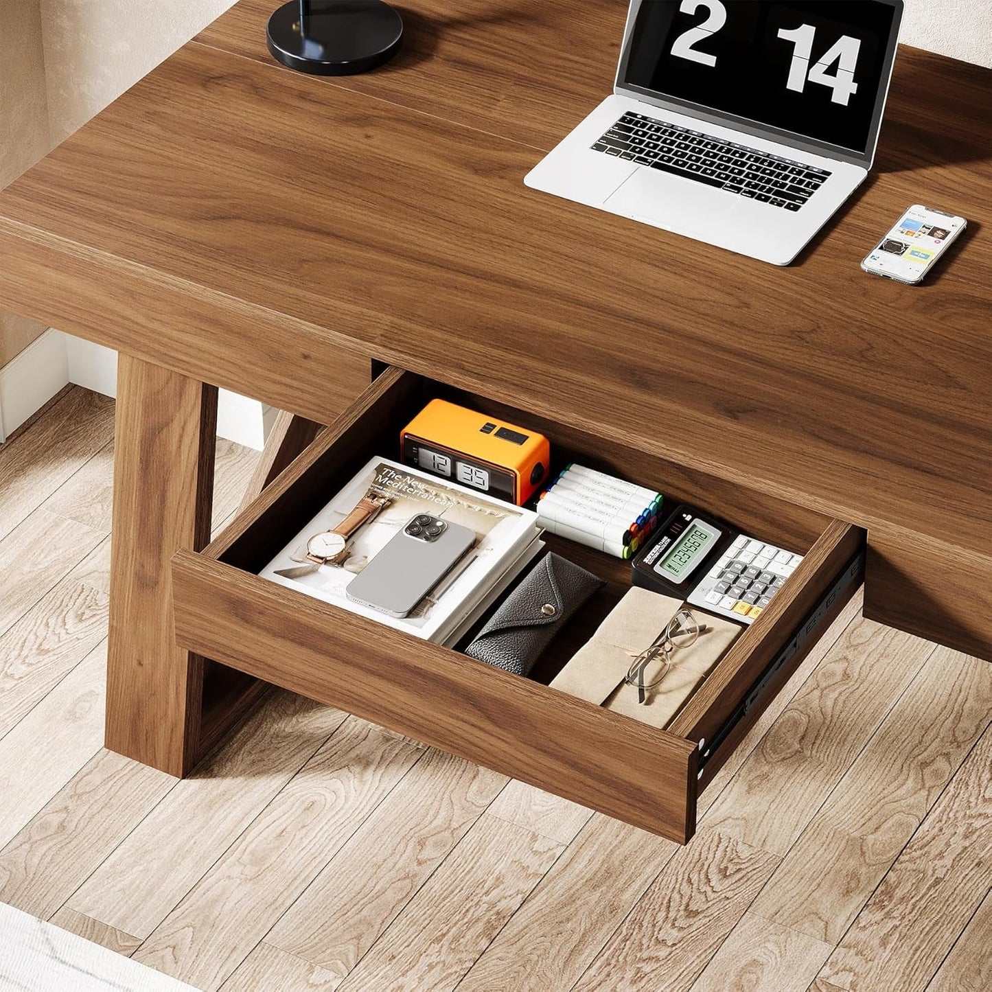 55 Inch Wide Walnut Finish Distressed Executive Desk