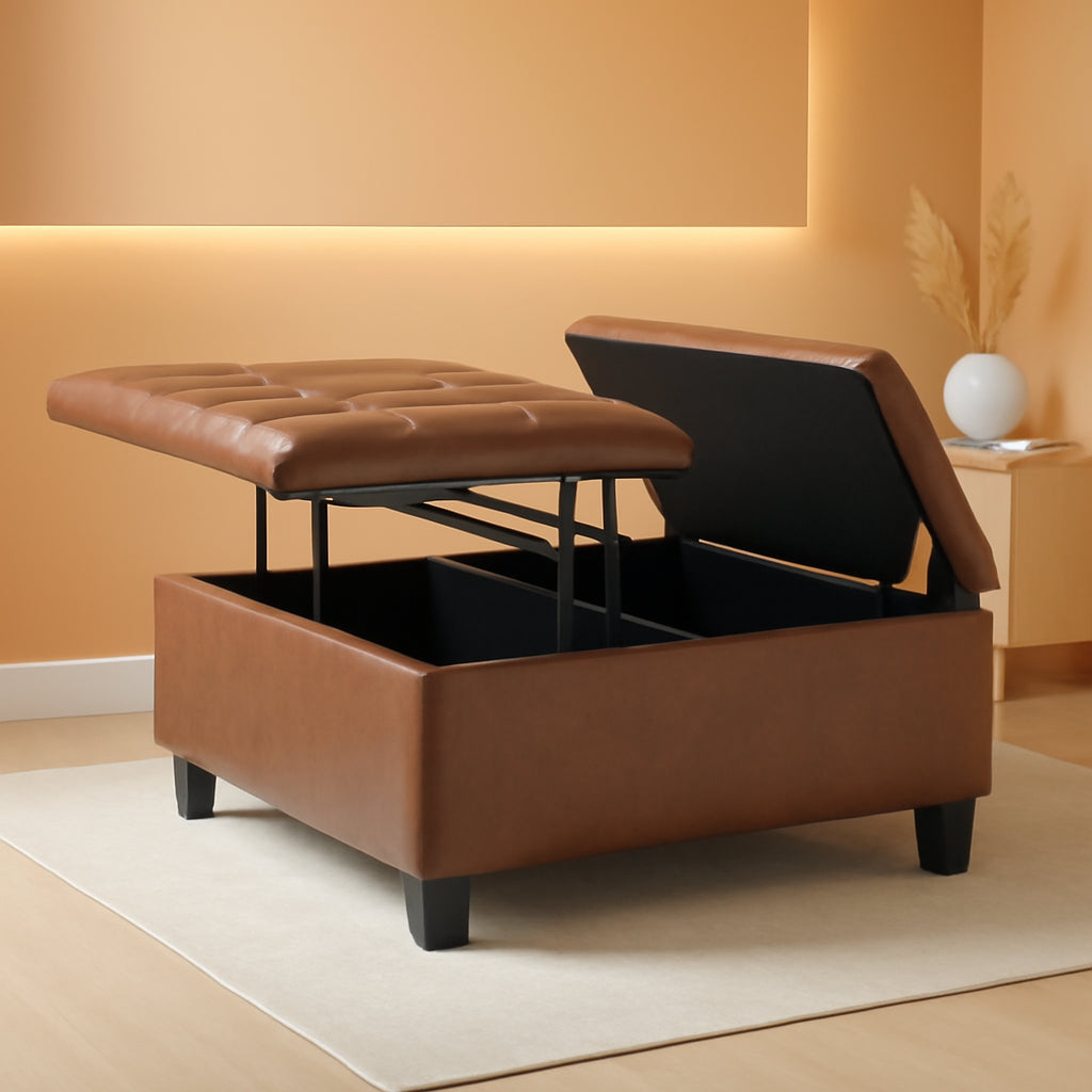 Distressed Umber 36 Inch Storage Ottoman Vegan Faux Leather