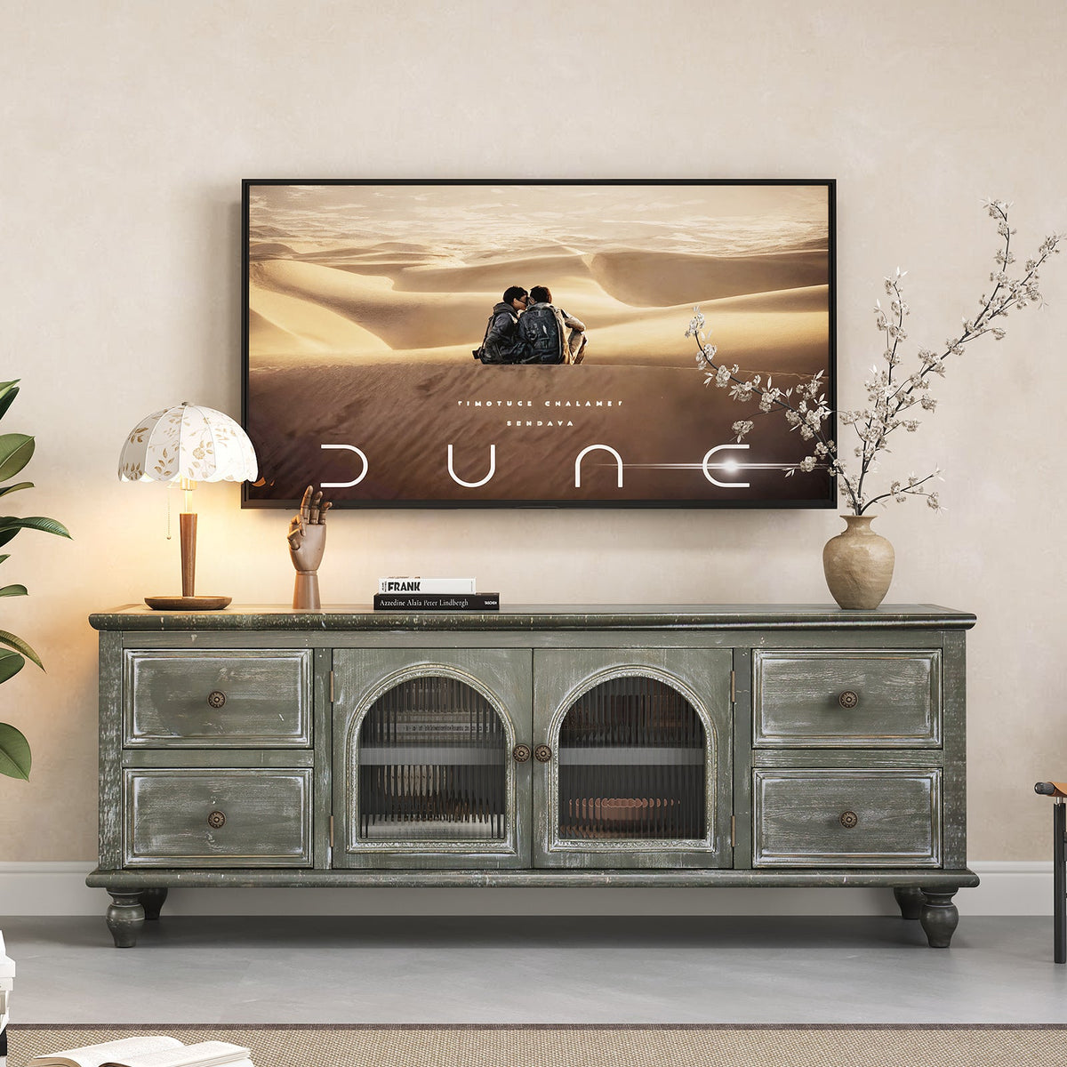 60" Farmhouse TV Stand with 4 Drawers & 2 Glass Doors
