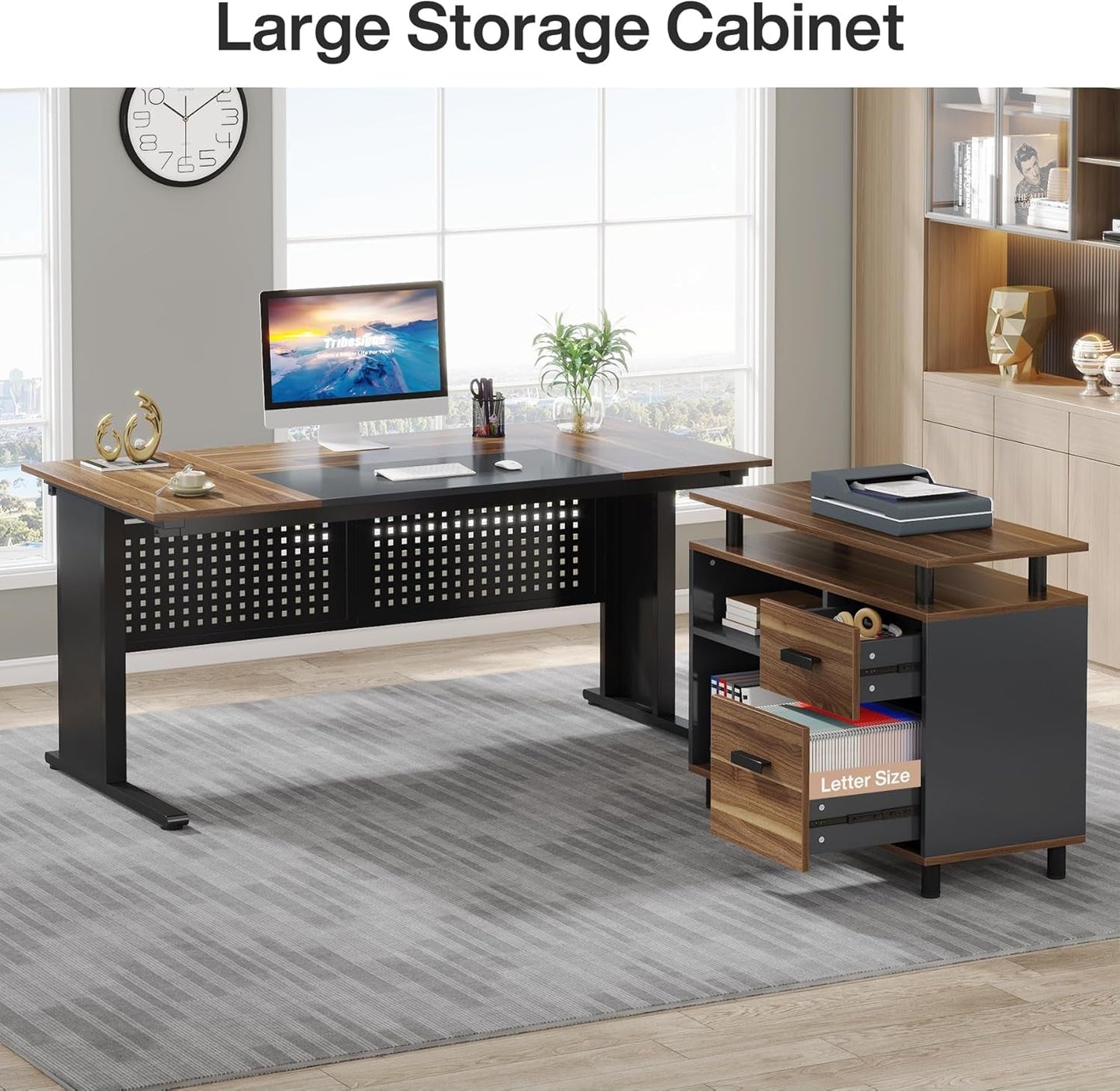 63 Inch L Shaped Desk With File Cabinet For Home Office