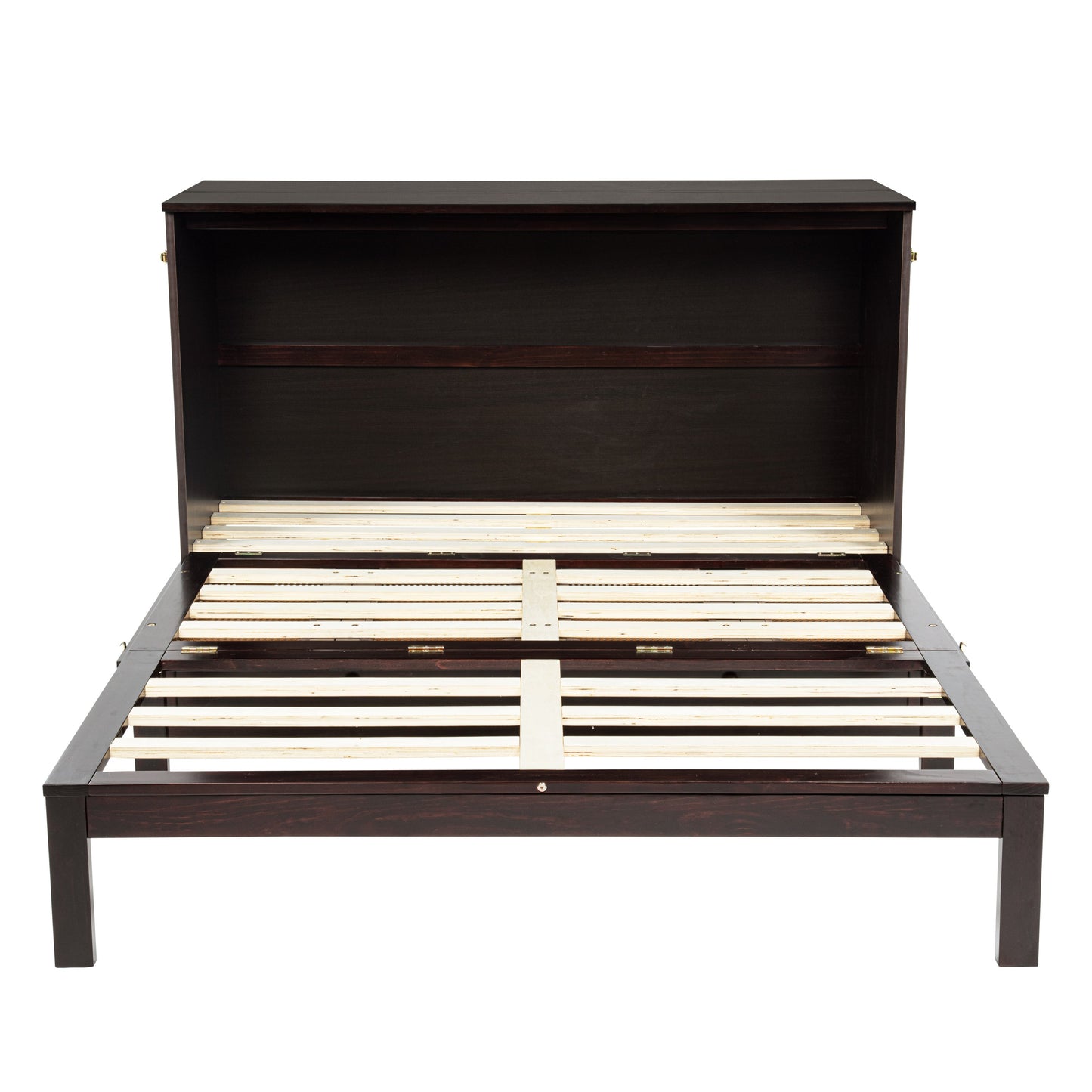 Queen Size Murphy Bed, Pine Wood Cabinet Bed with Power Station and Rattan Decoration Panel,Espresso