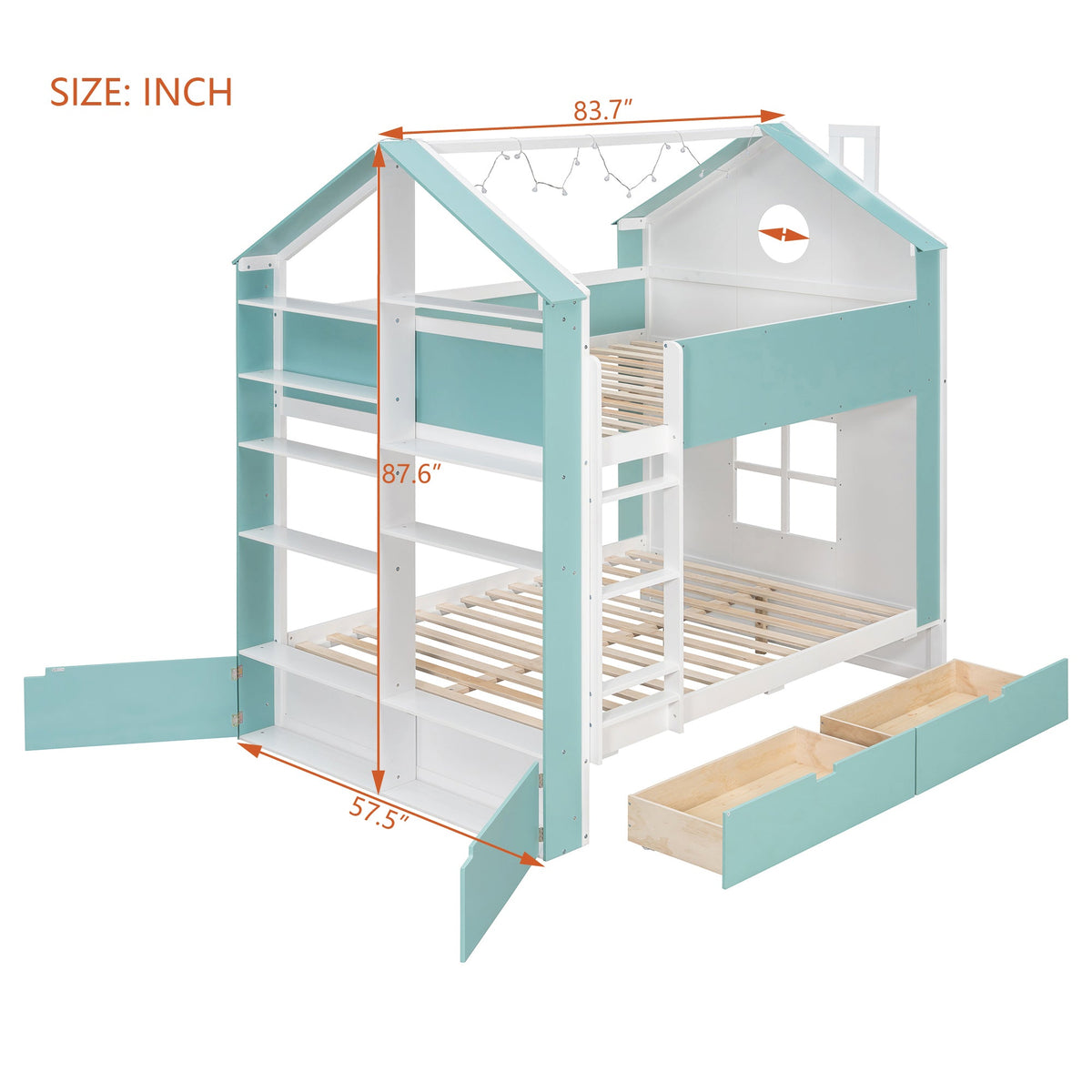 Full Size Bunk Bed with Storage Drawers & Shelves