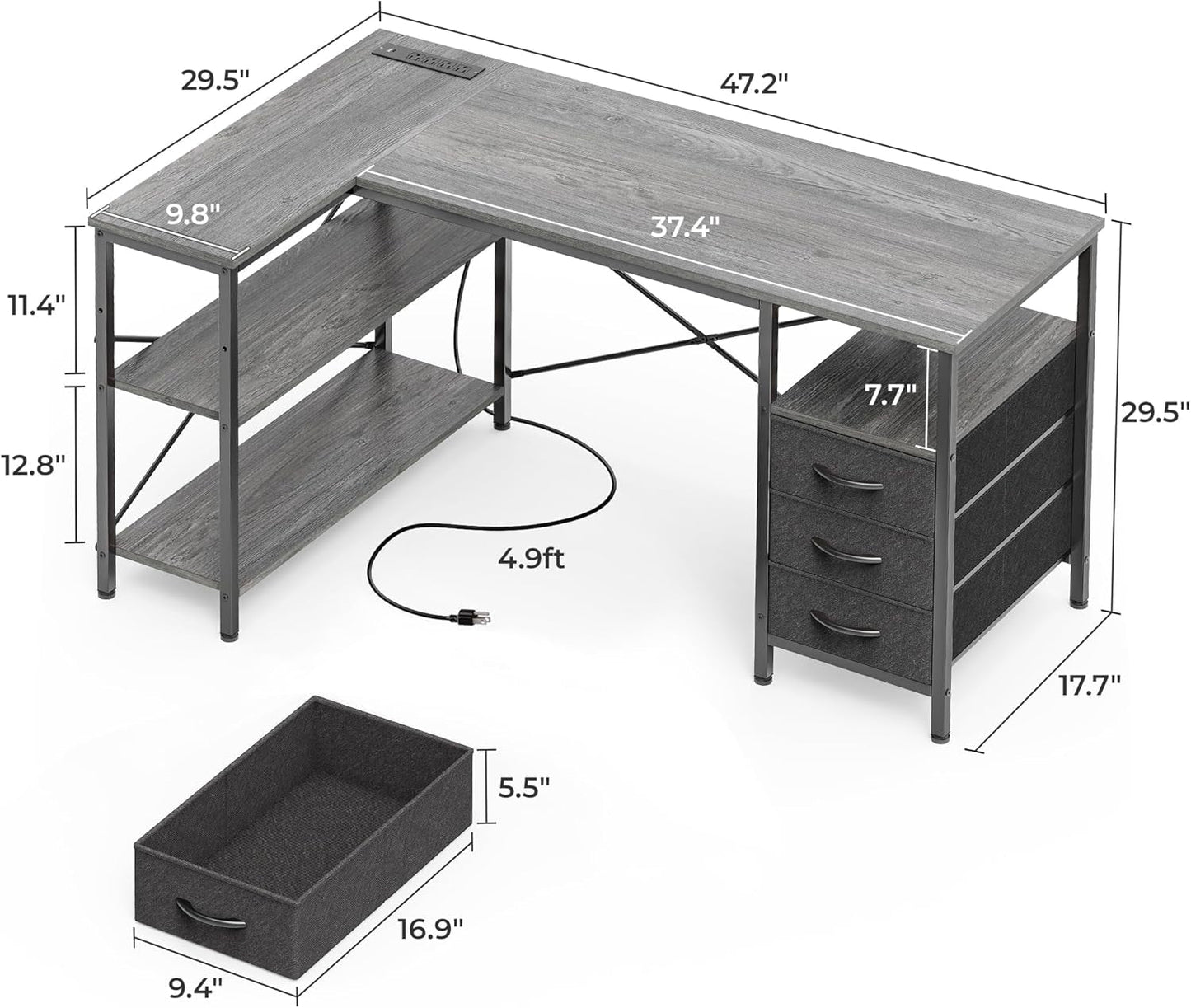47 Inch L Shaped Desk With Power Outlets And 3 Drawers Grey