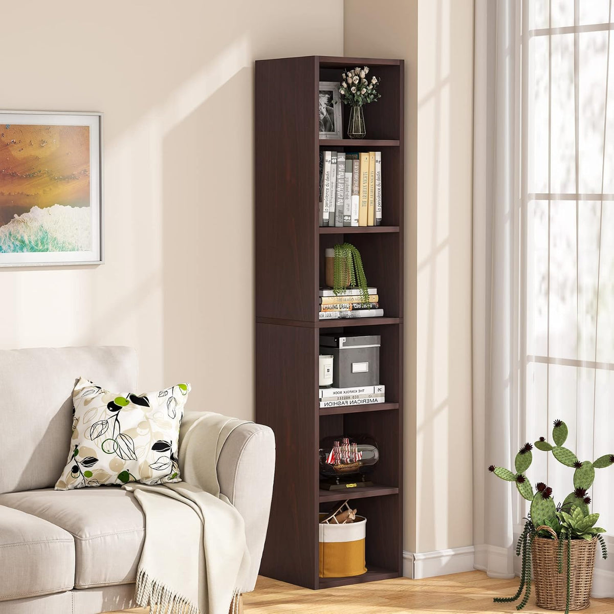 70.9" Cherry 6-Tier Narrow Corner Cube Bookcase