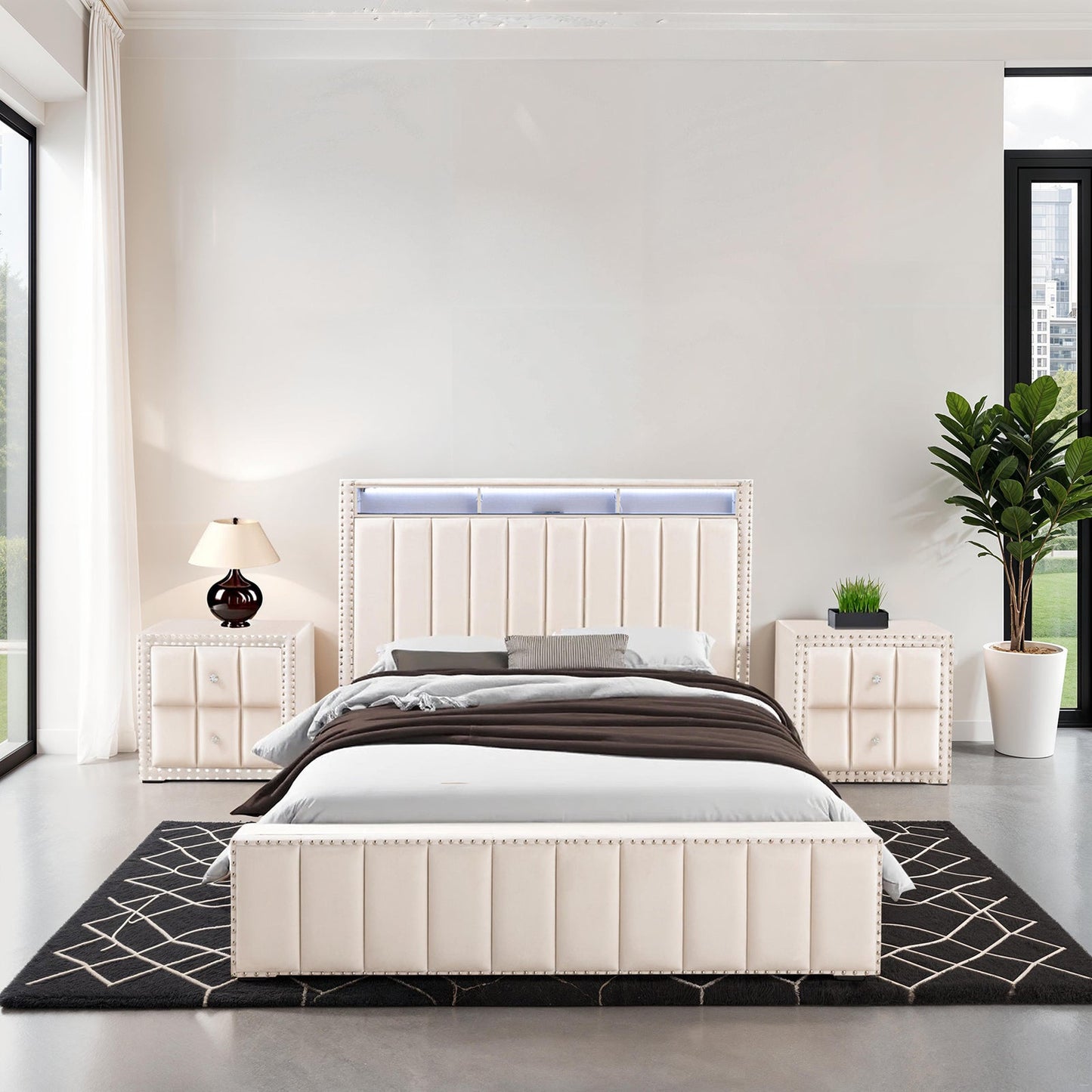 Full Size Bed 2x Nightstands Bedroom Furniture Contemporary Beige Fabric Upholstered Bedframe w LED Nailhead Trim 3pc Bedroom Set