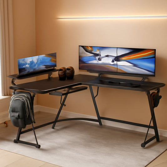 Vista L Shaped Desk With Removable Monitor Shelf In Black
