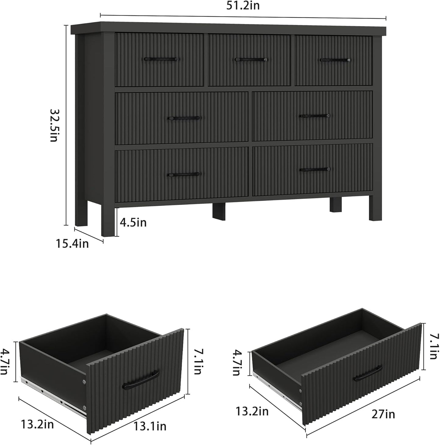 Fluted Contemporary White Dresser With Black Handles