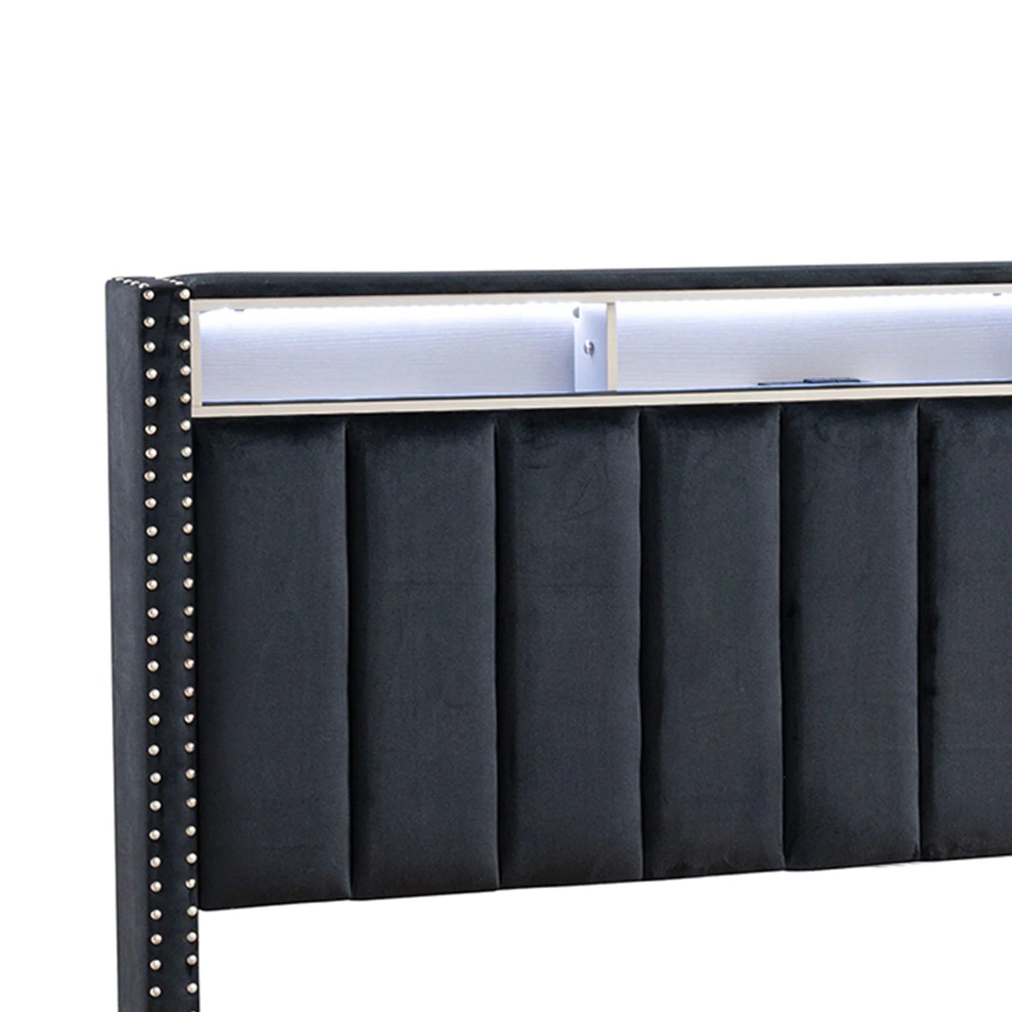 Queen Size Bed And 2x Nightstands Bedroom Furniture Luxury Look Black Fabric Upholstered Bedframe w LED Nailhead Trim 3pc Bedroom Set