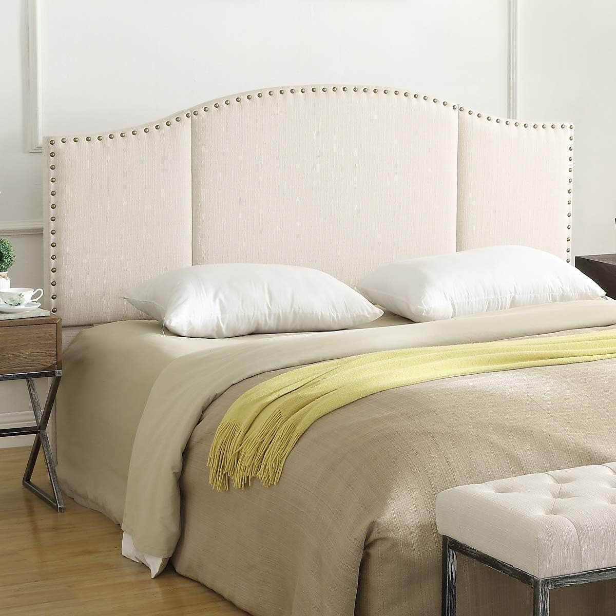 Elegant Upholstered King Size Headboard with Nailhead Trim