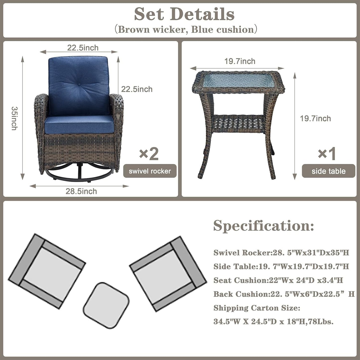 Patio Wicker Swivel Rocker Chairs Set Of 2 With Glass Top Side Table Brown Blue