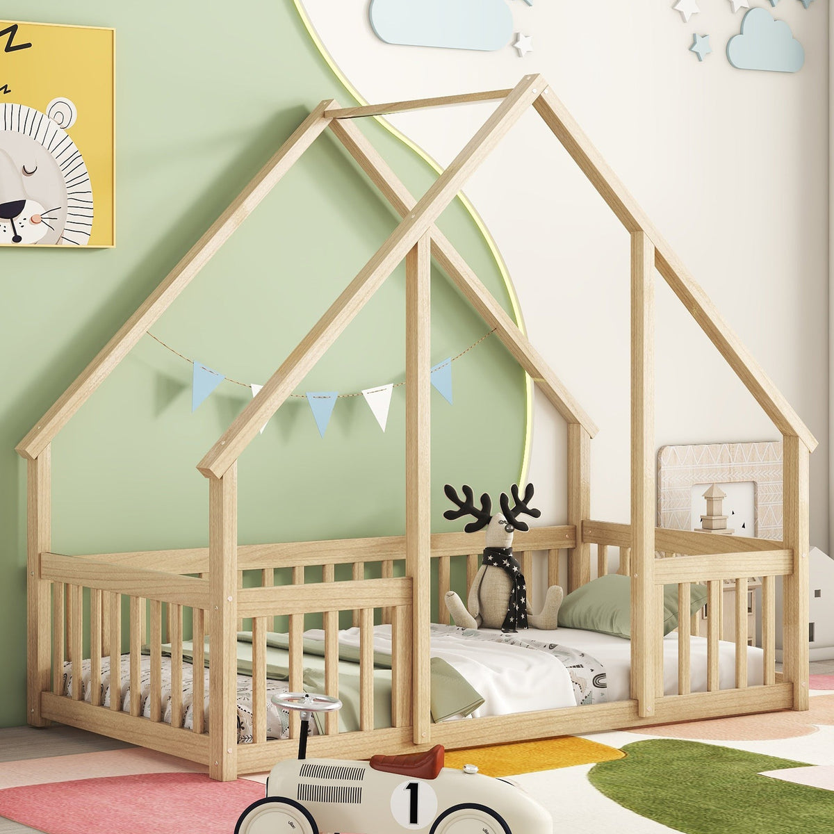 Twin Wood House-Shaped Floor Bed with Fence, Guardrails