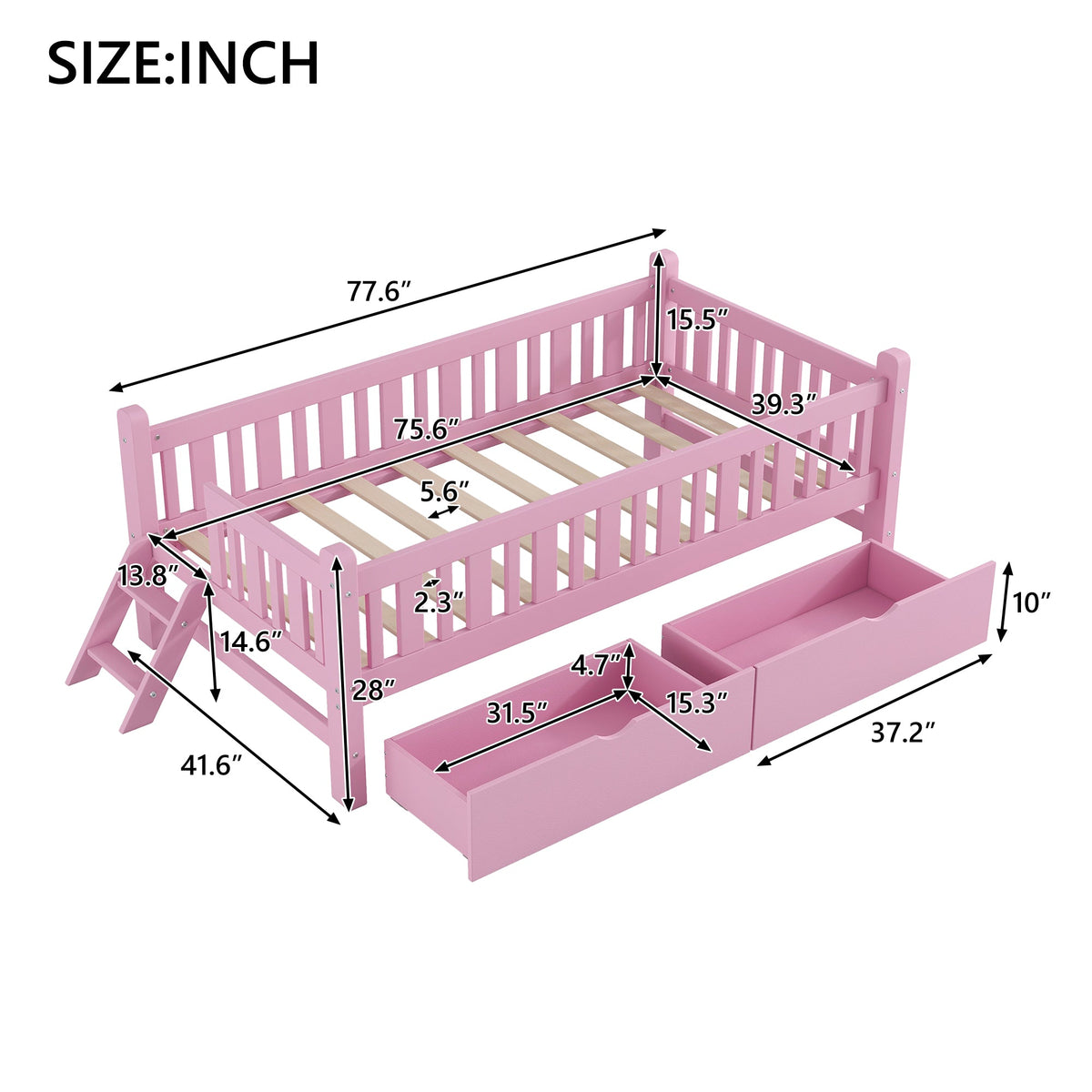 Wood Twin Size Platform Bed with Guardrail and 2 Drawers