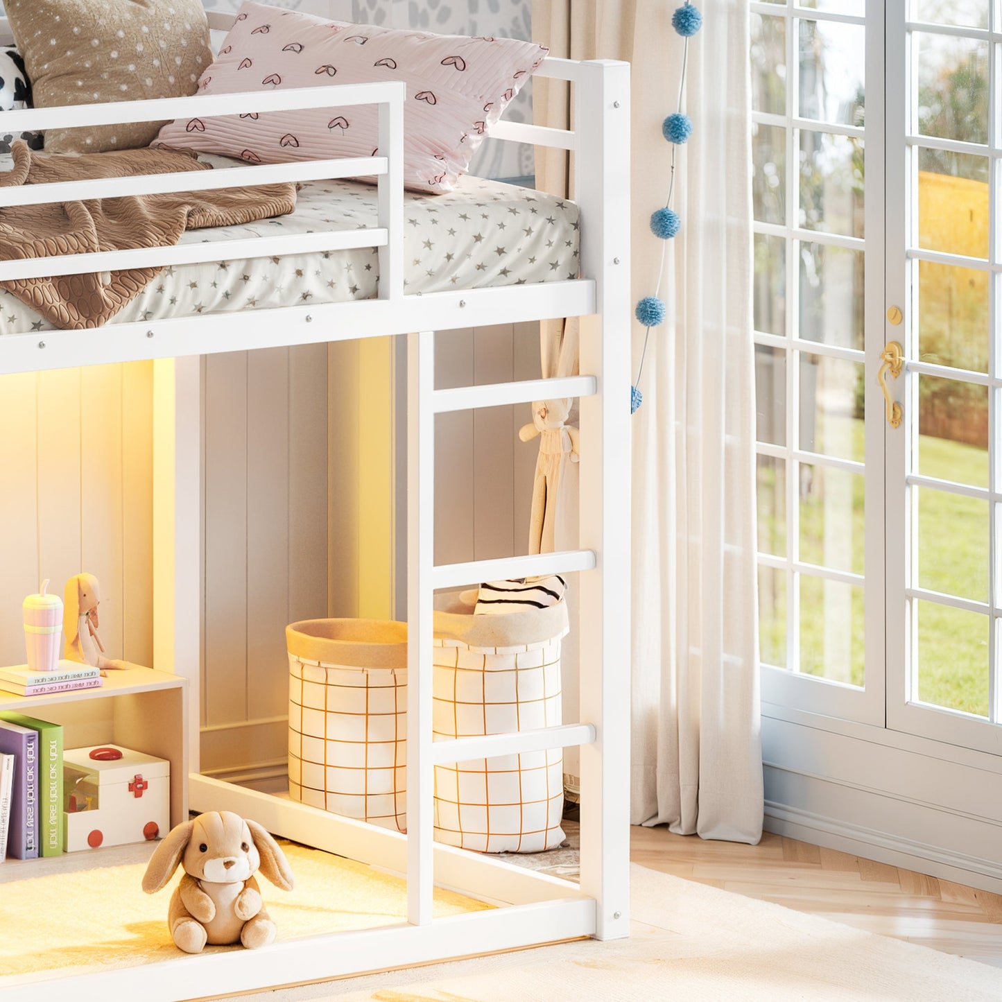 Twin Over Twin Bunk Bed with Storage Shelves and LED Lights