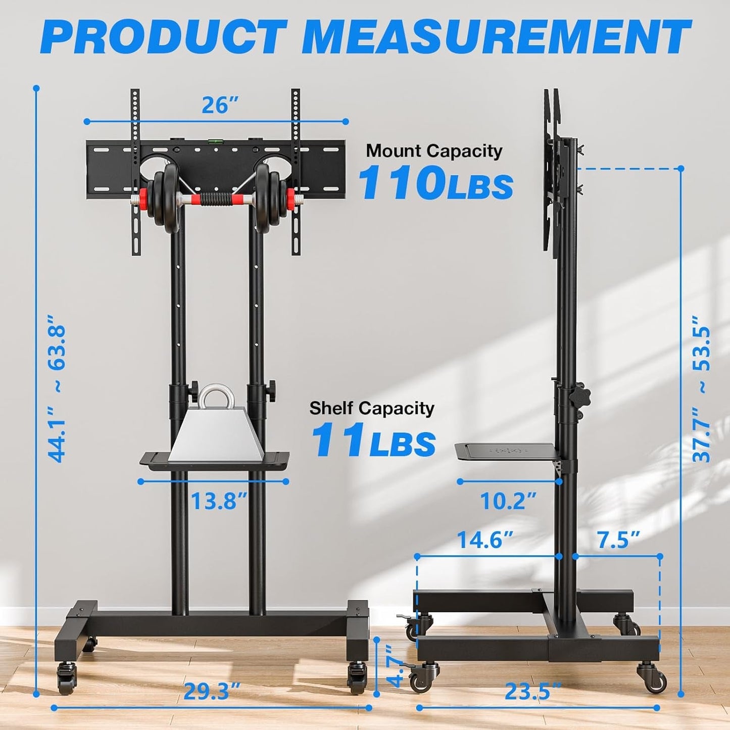 Height Adjustable Mobile TV Cart For 32 To 83 Inch Screens With Locking Wheels