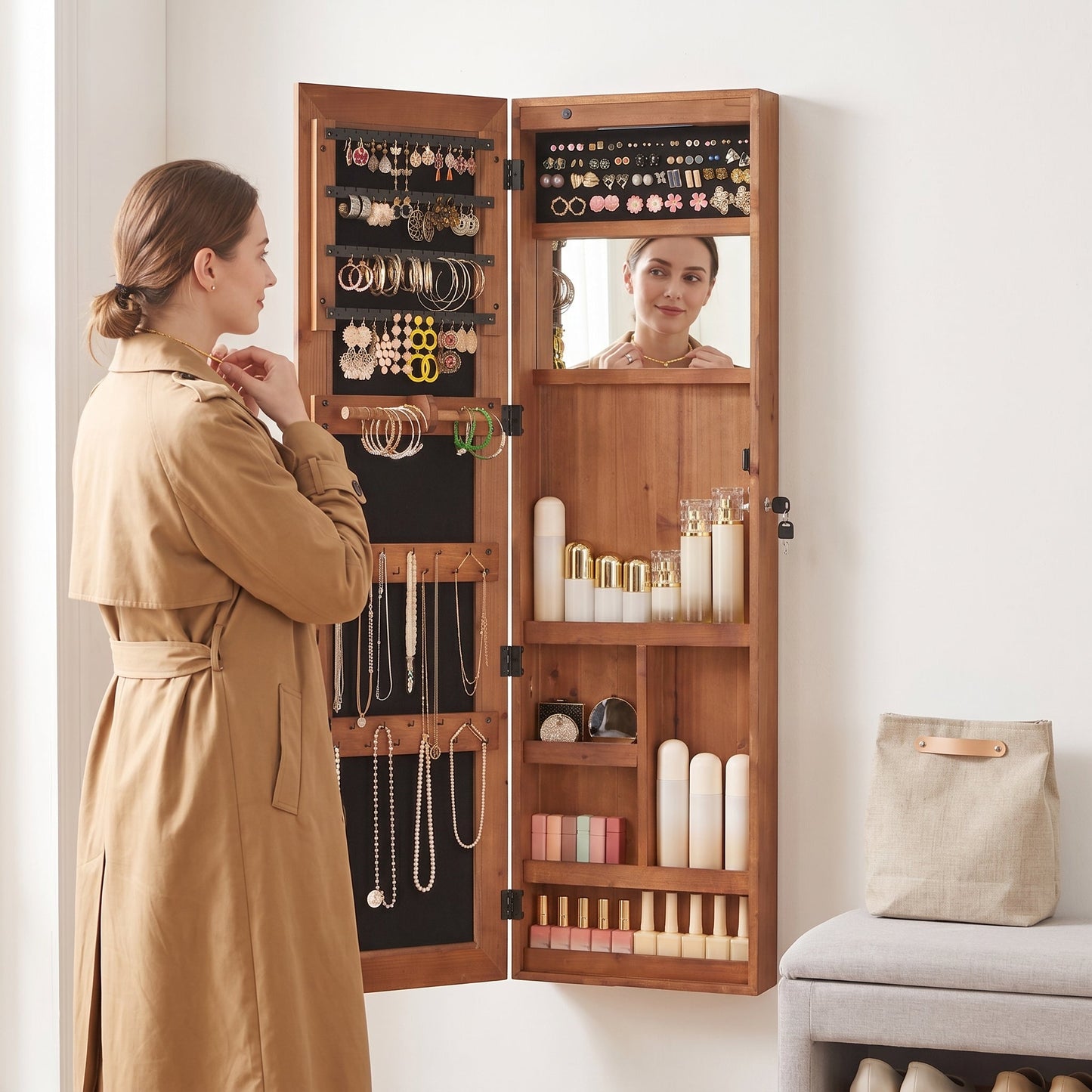 Solid Wood Jewelry Armoire Organizer Cabinet with Full-Length Mirror