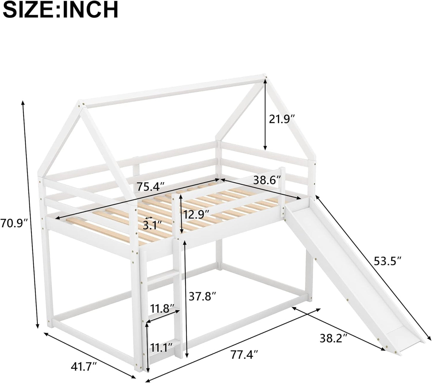 Twin Over Twin House Bunk Bed With Slide Solid Wood