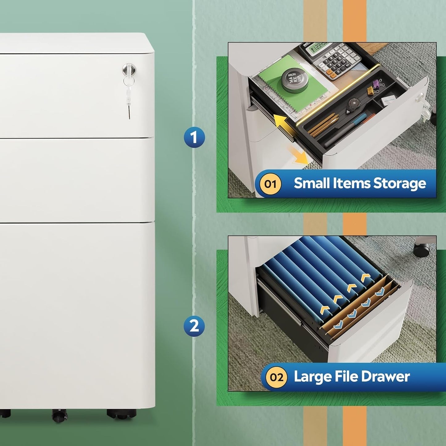 White 3 Drawer Slim File Cabinet For Office Lockable