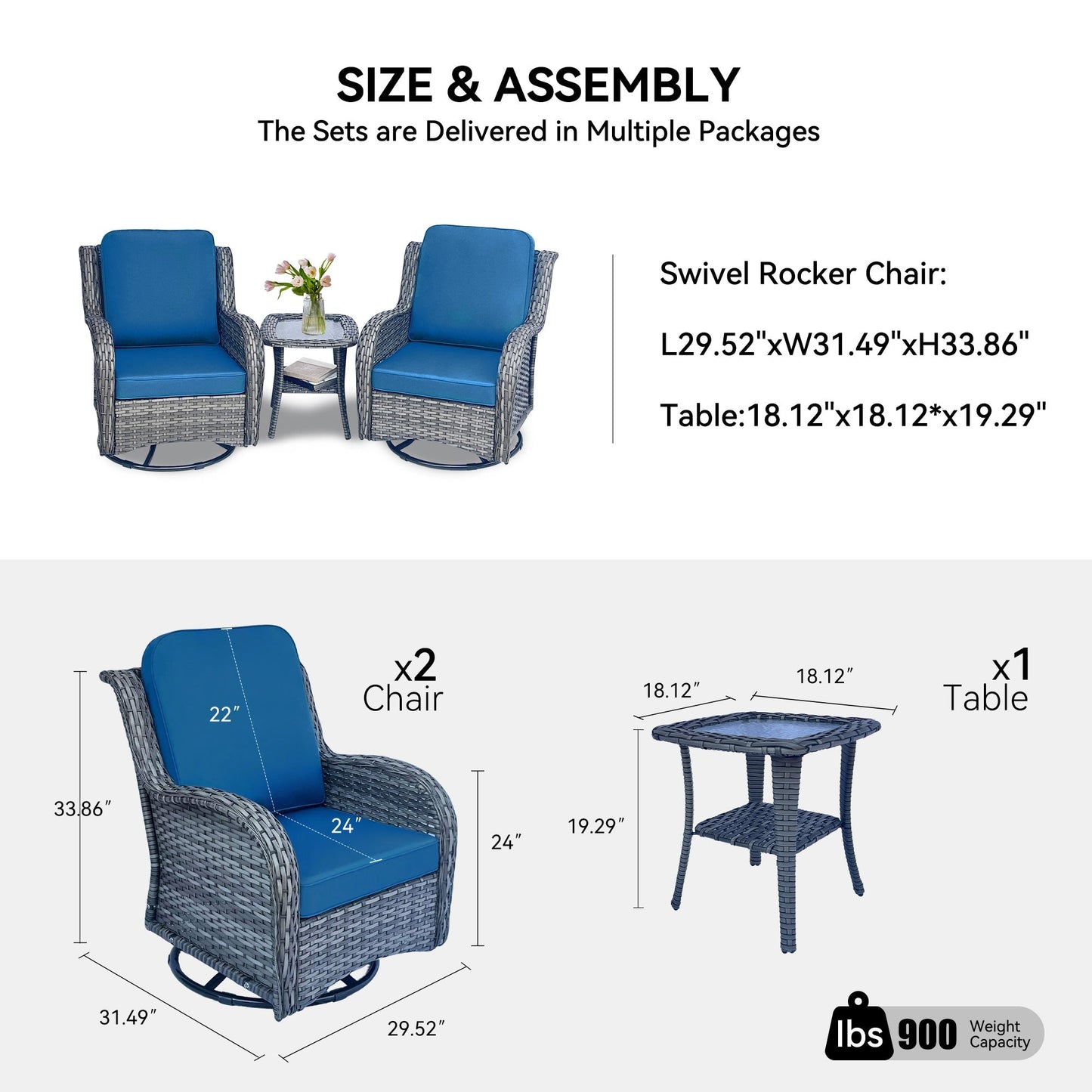 Wicker Patio Furniture Set - 3 Piece Rattan Outdoor Sectional Conversation Set