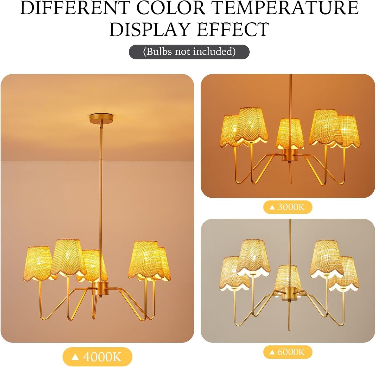 28 Inch Rattan Chandelier Antique Brass Five Light Pendant With Flower Shade Lamps