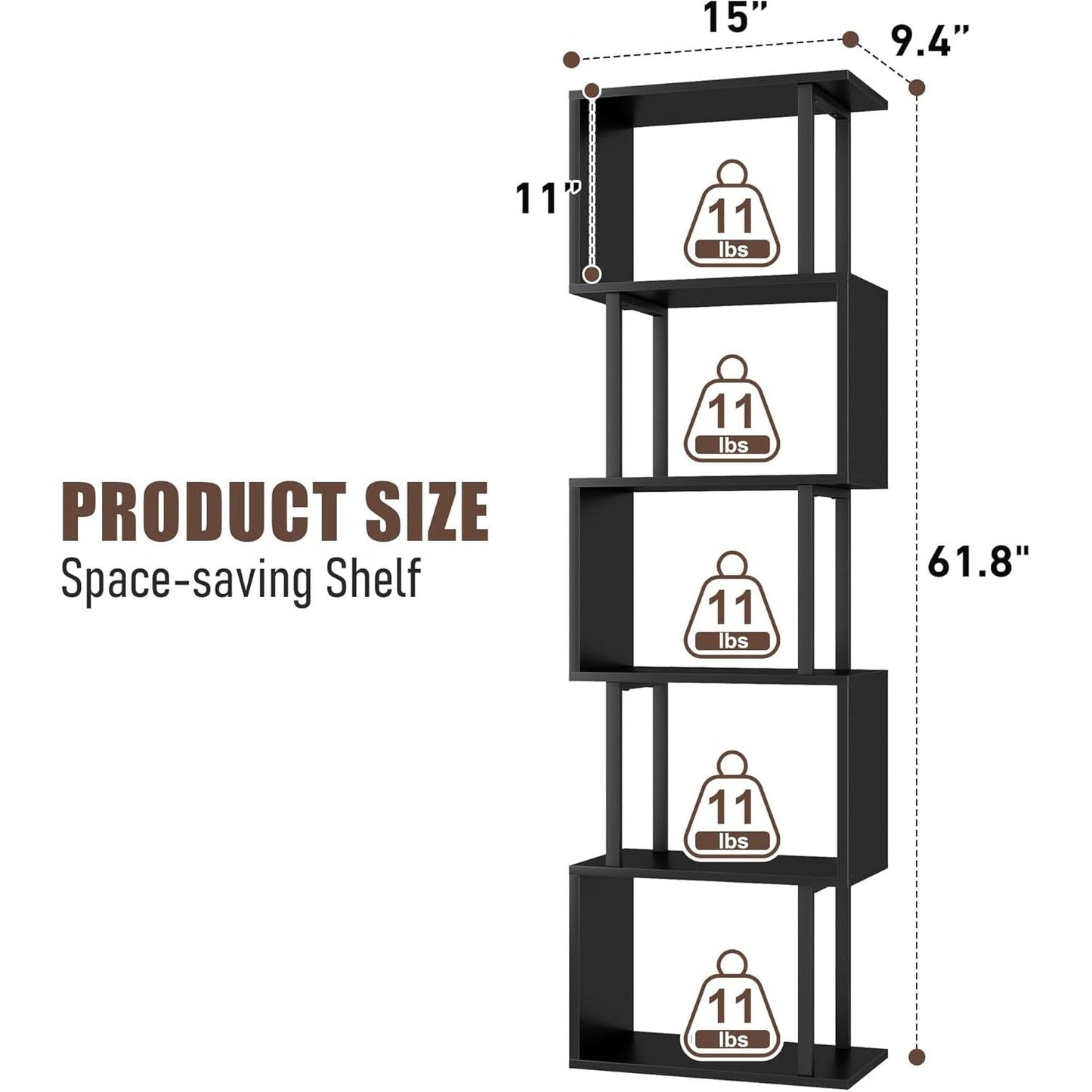5 Tier S Shaped Bookcase Black Wood And Metal Livingroom
