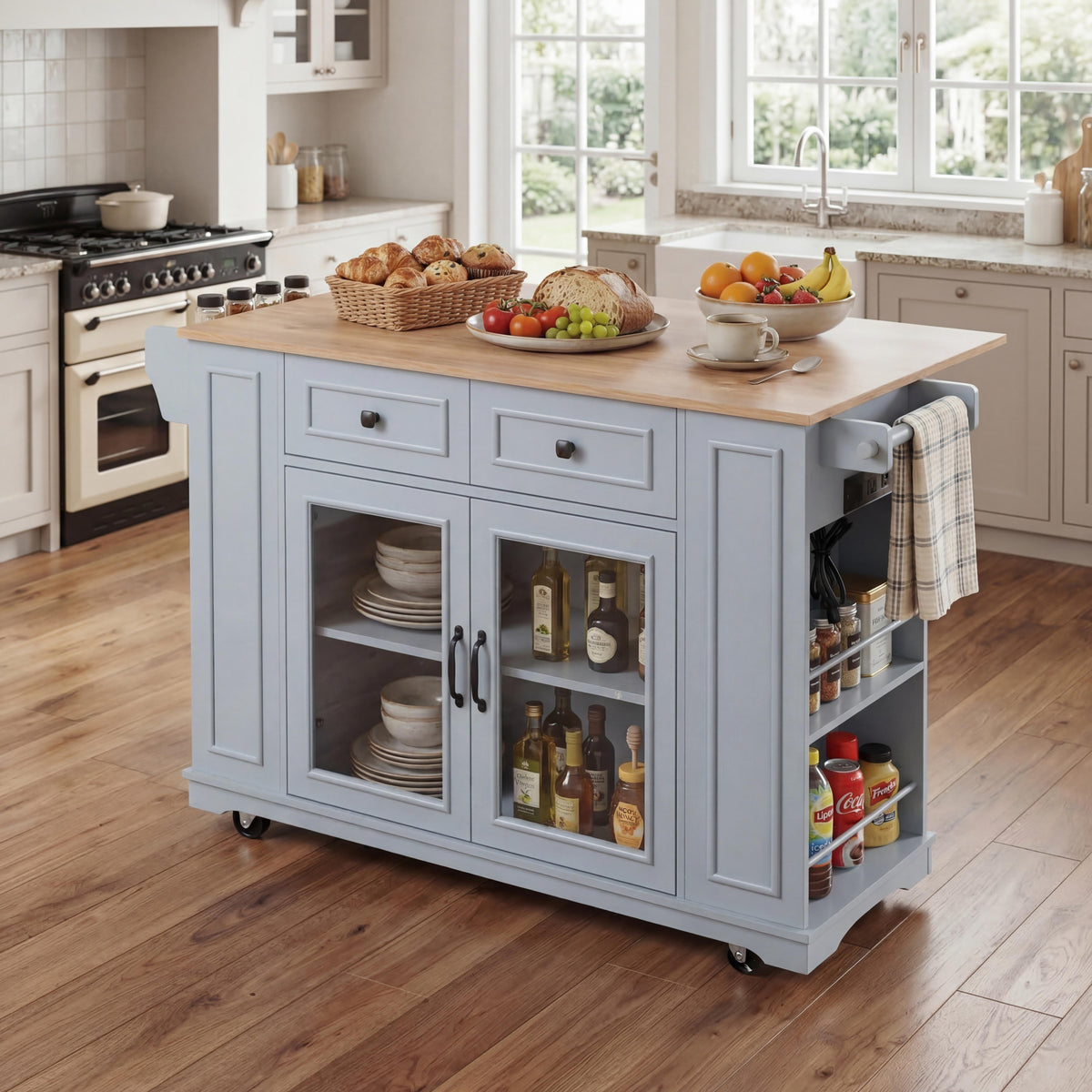 54" Mobile Kitchen Island with Glass Door Storage