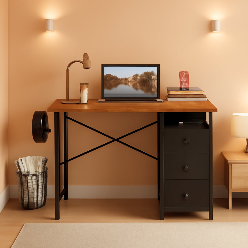 Rustic Brown Home Office Computer Desk With Fabric Drawers