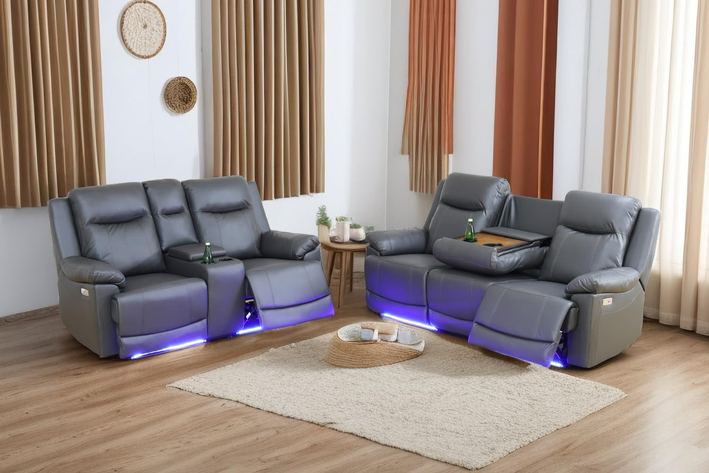 Power Leather Recliner Sofa Set Grey LED Lights Modern