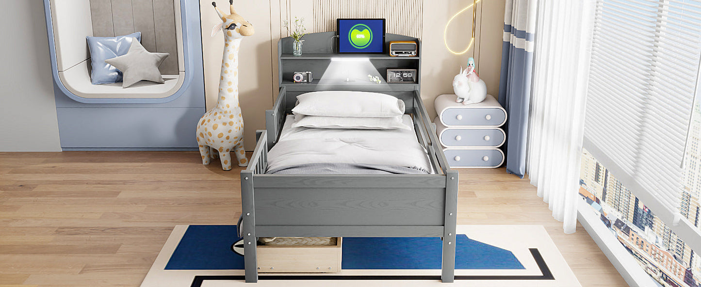 Wood Twin Size Platform Bed with Built-in LED Light