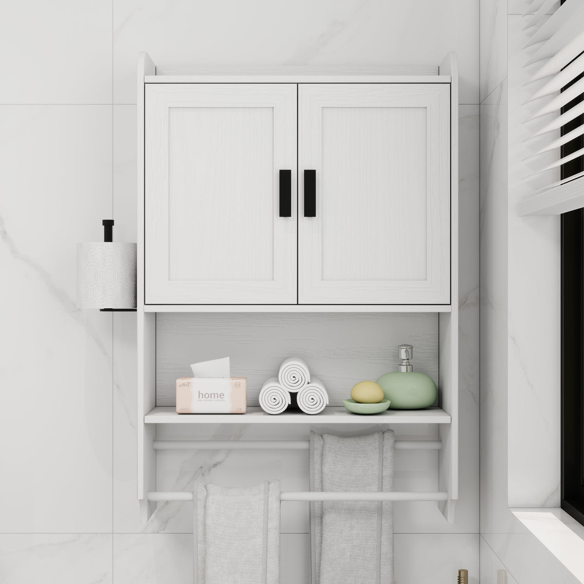 Bathroom Wall Cabinet with Doors, Adjustable Shelf, Towel Bar and Paper Holder