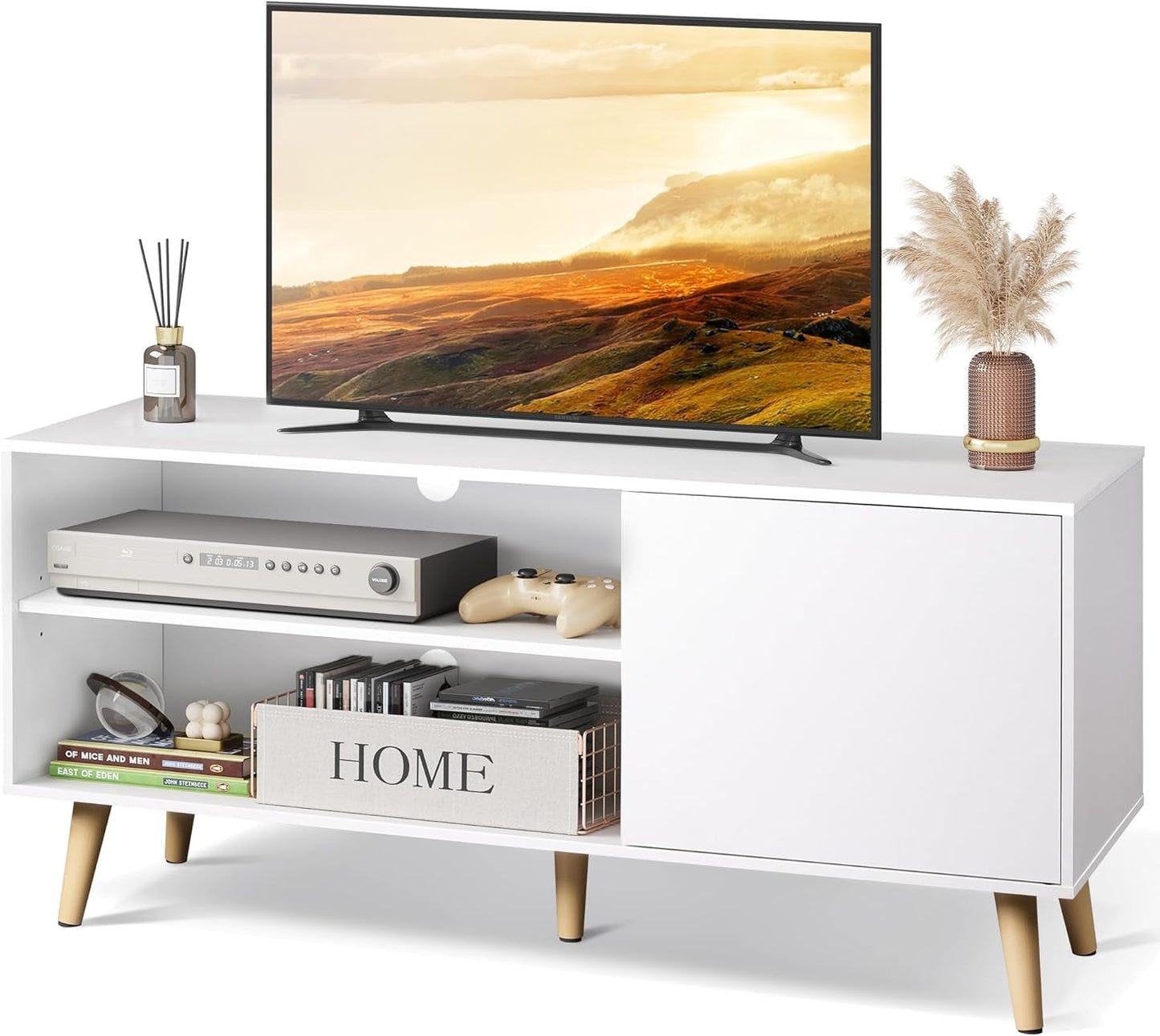 55-Inch TV Stand White Mid-Century Modern Storage Shelves