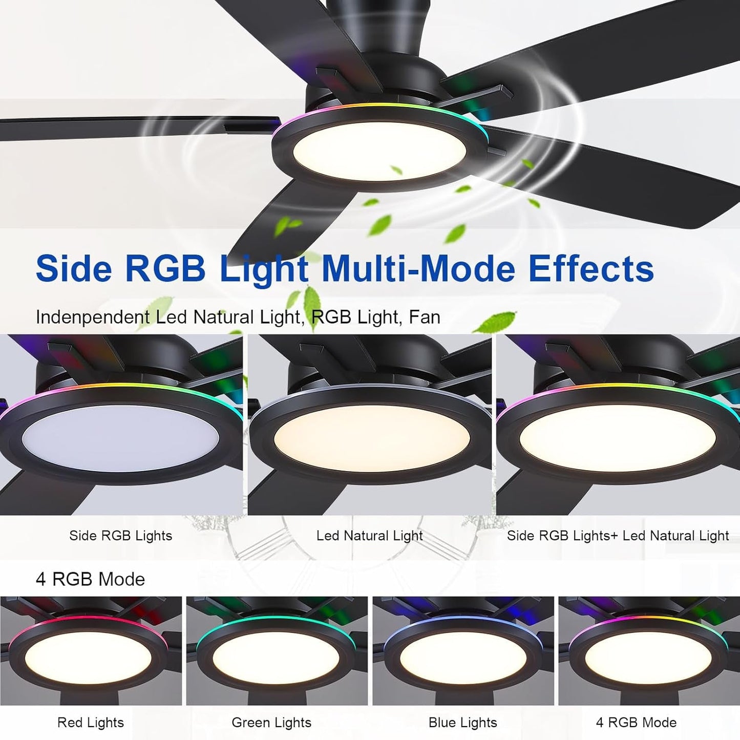 52 Inch Black Flush Mount Ceiling Fan RGB LED Light
