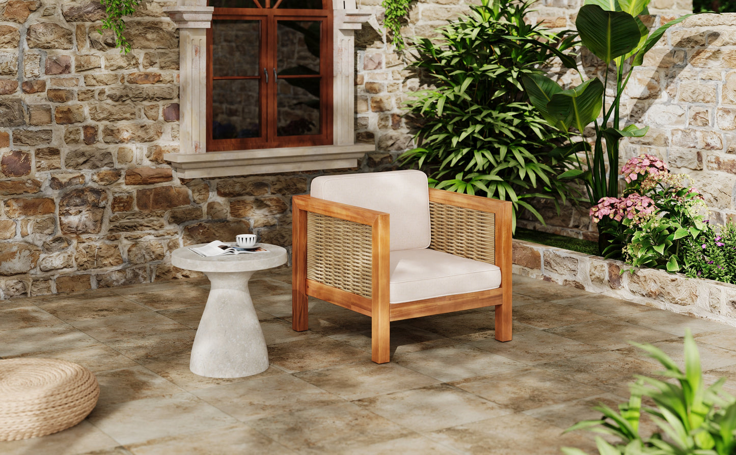Acacia Wood Outdoor Club Chair with Wicker Armrest