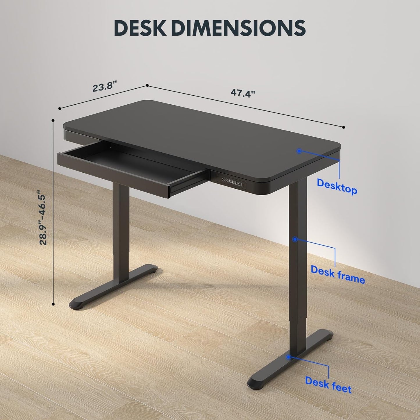 Electric Standing Desk With USB Ports And Drawer Storage